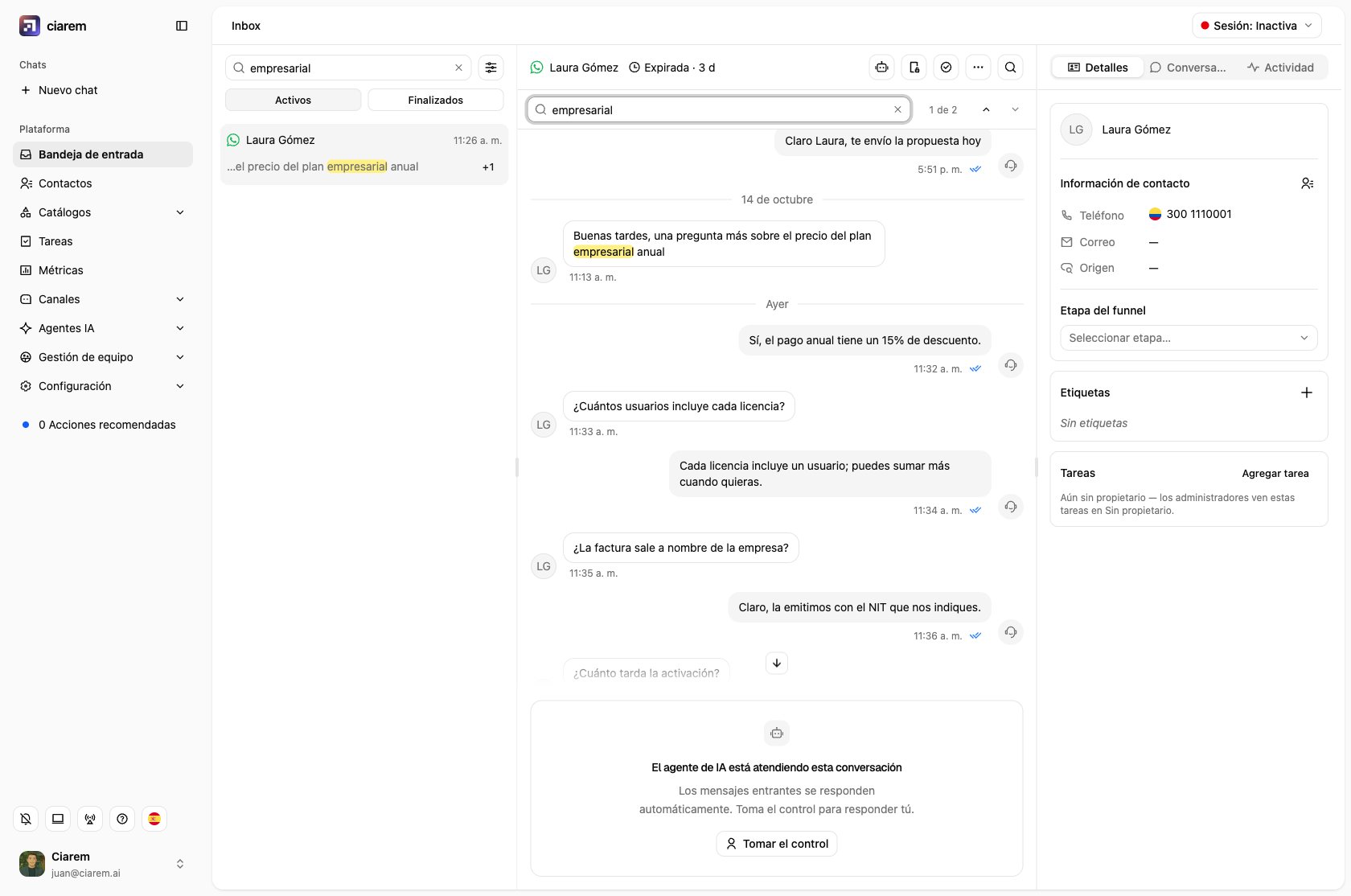 Un chat abierto desde ese resultado: la barra de búsqueda indica 1 de 2 y el mensaje que coincide tiene el término resaltado