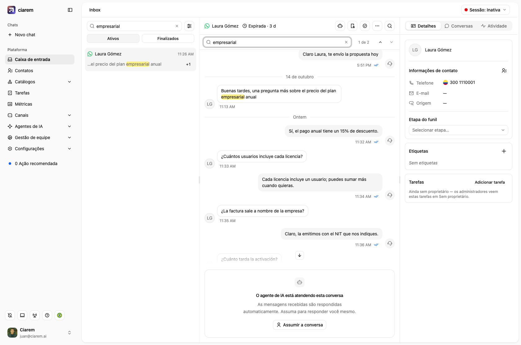 Um chat aberto a partir desse resultado: a barra de busca indica 1 de 2 e a mensagem encontrada tem o termo destacado