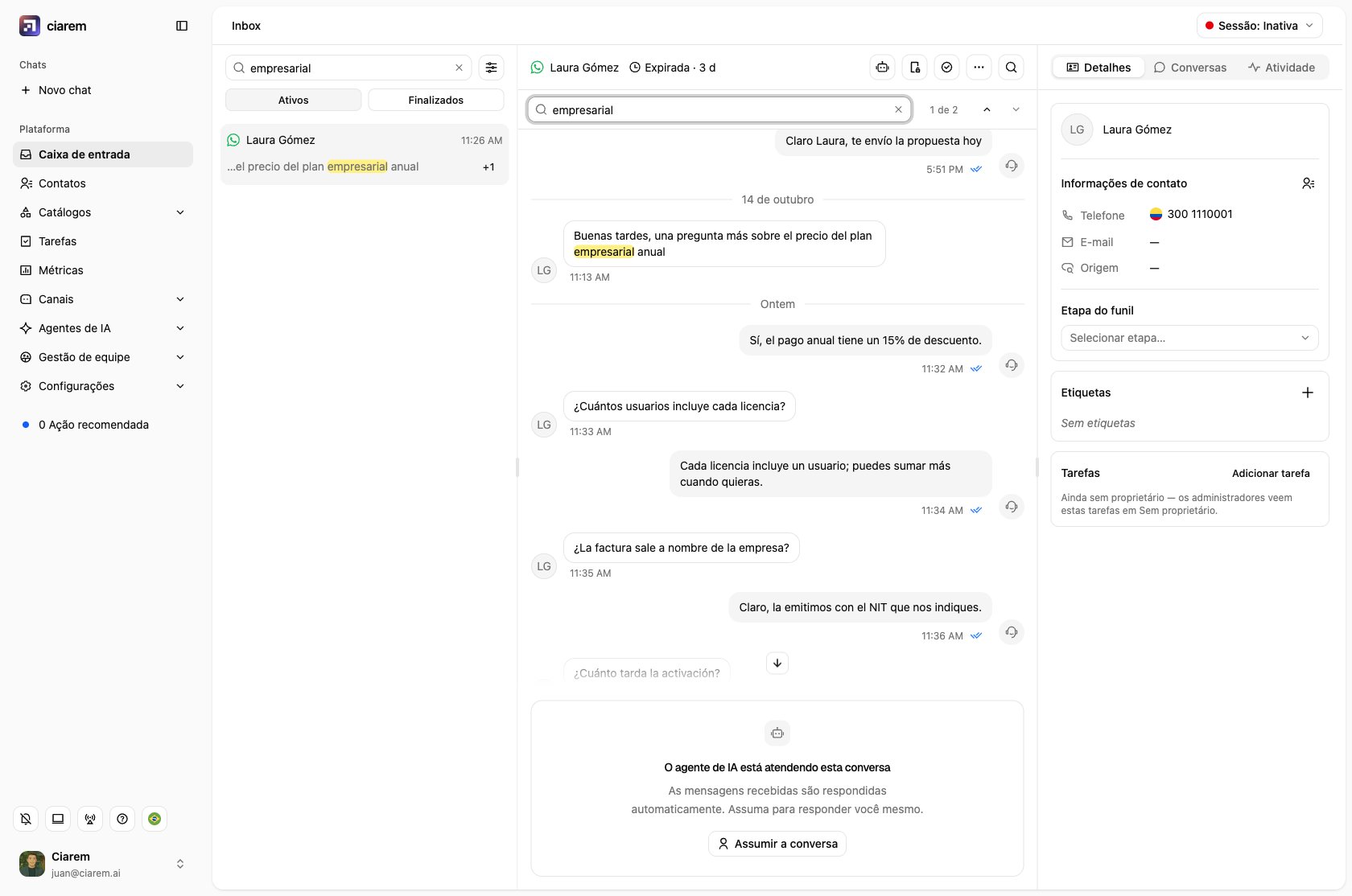 Um chat aberto a partir desse resultado: a barra de busca indica 1 de 2 e a mensagem encontrada tem o termo destacado