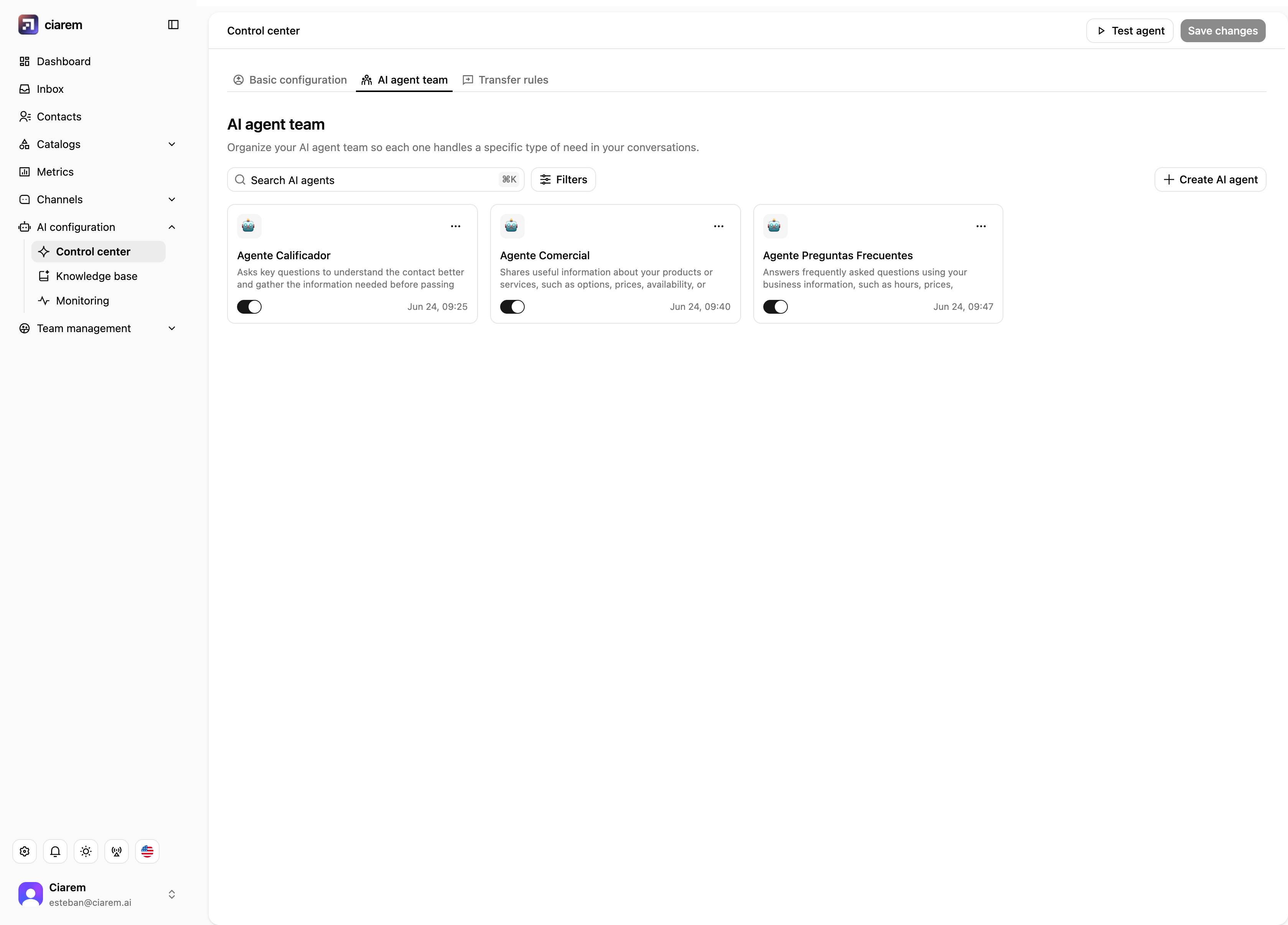 The AI agent team tab with specialized agents for qualifying, sales, and FAQs
