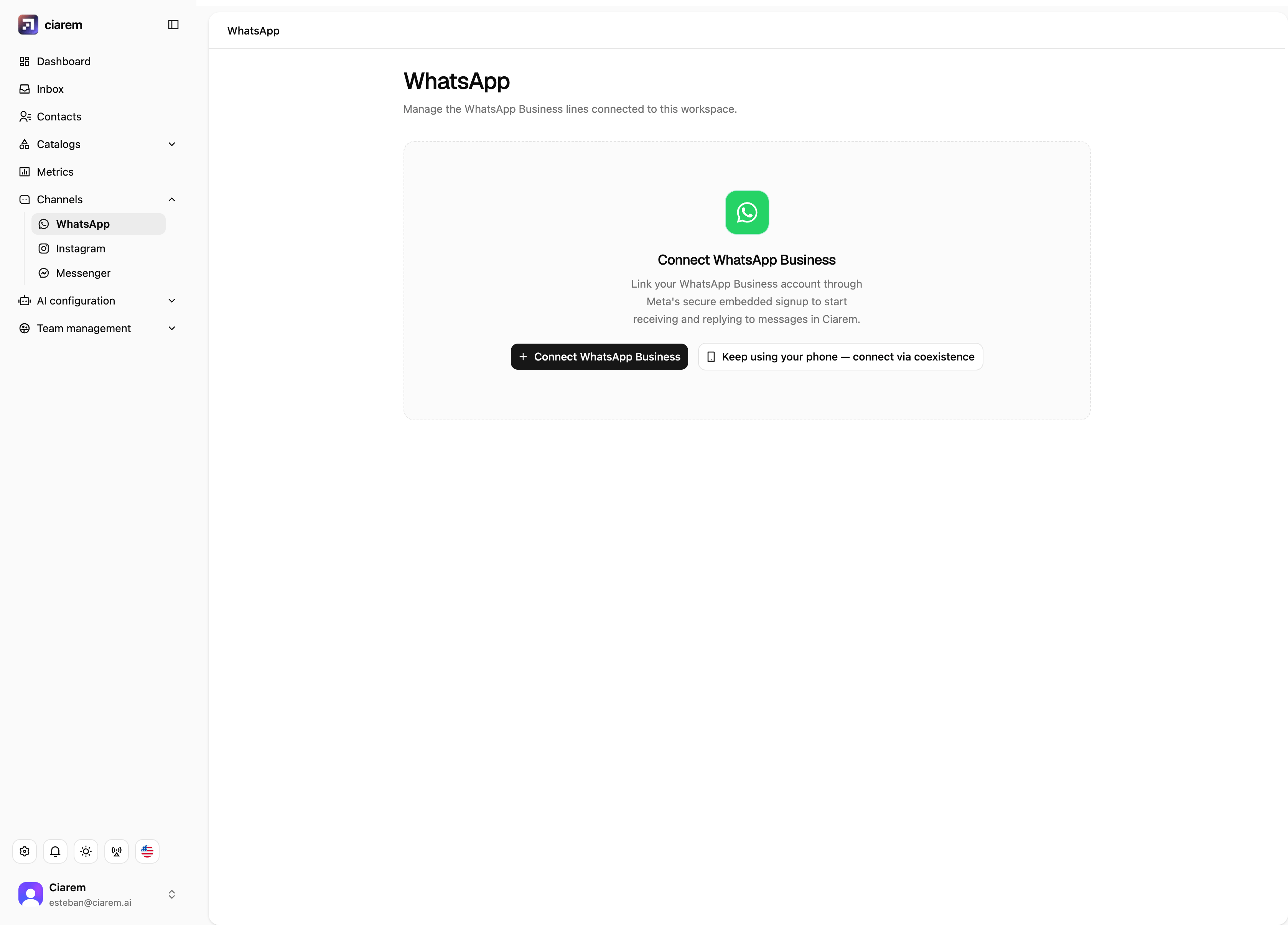 The WhatsApp channel page with the two connection options