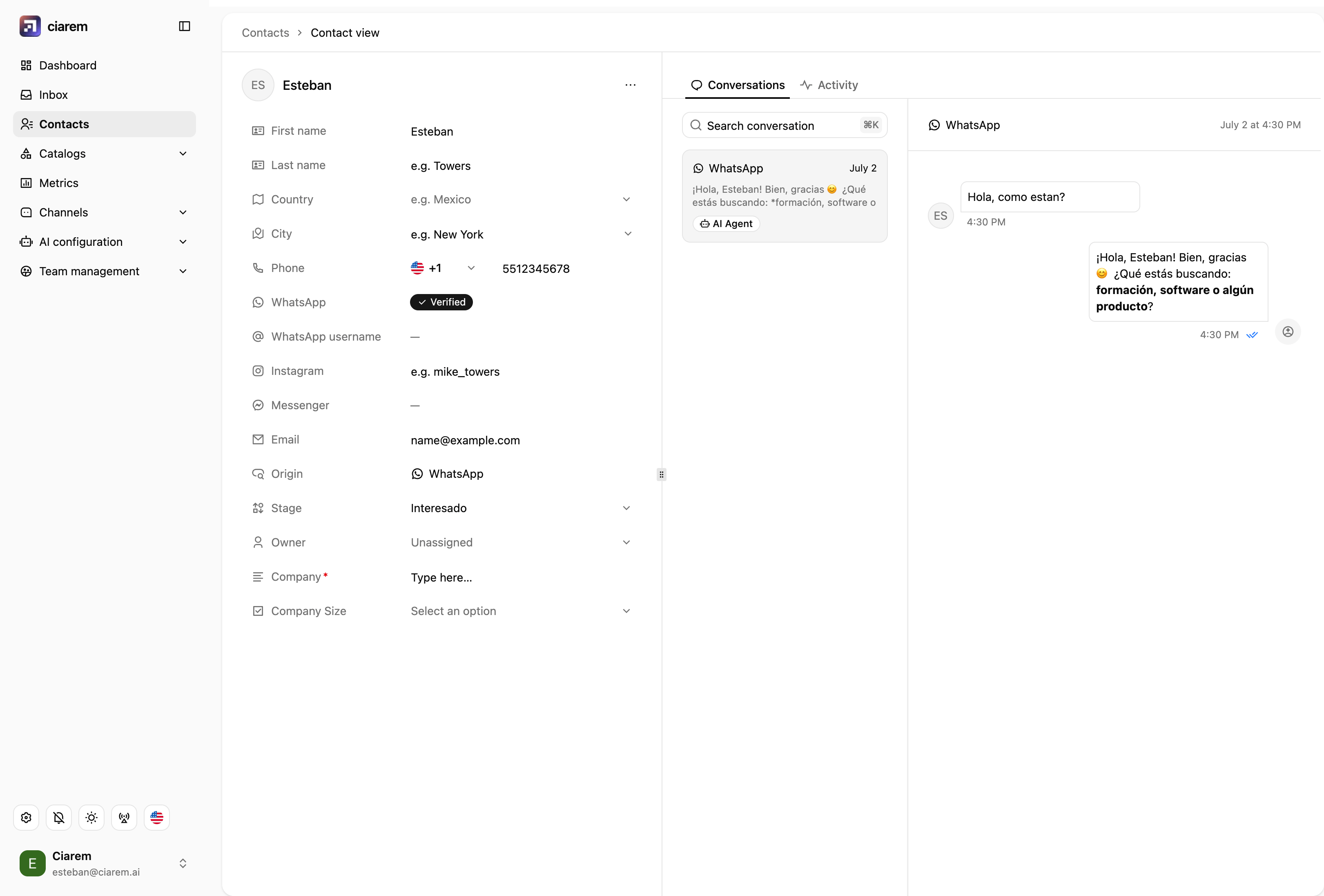 A contact view showing channel identities, origin, stage, owner, and custom properties