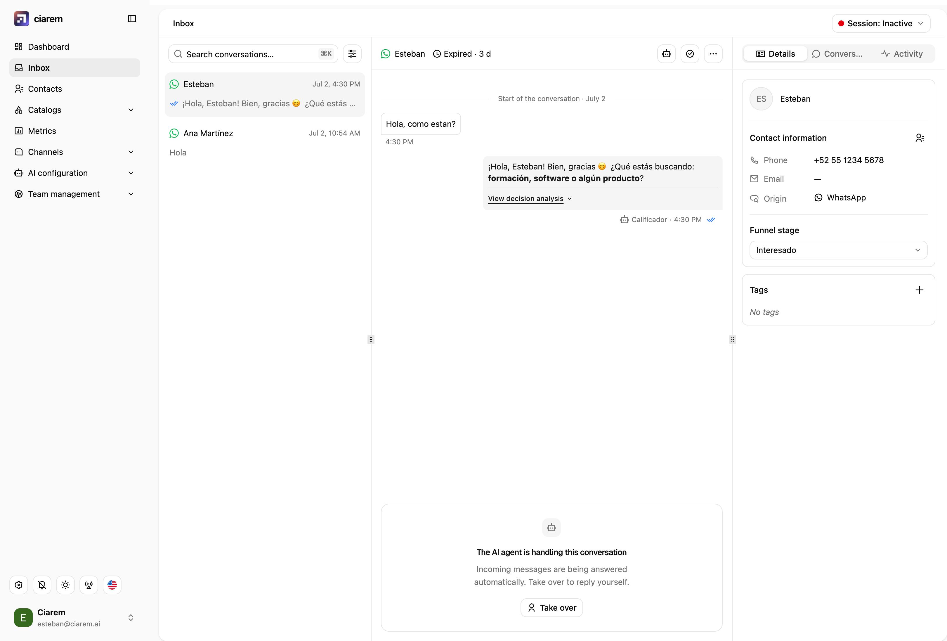 An open conversation with the conversation handler showing the AI is handling it, and a Take over button