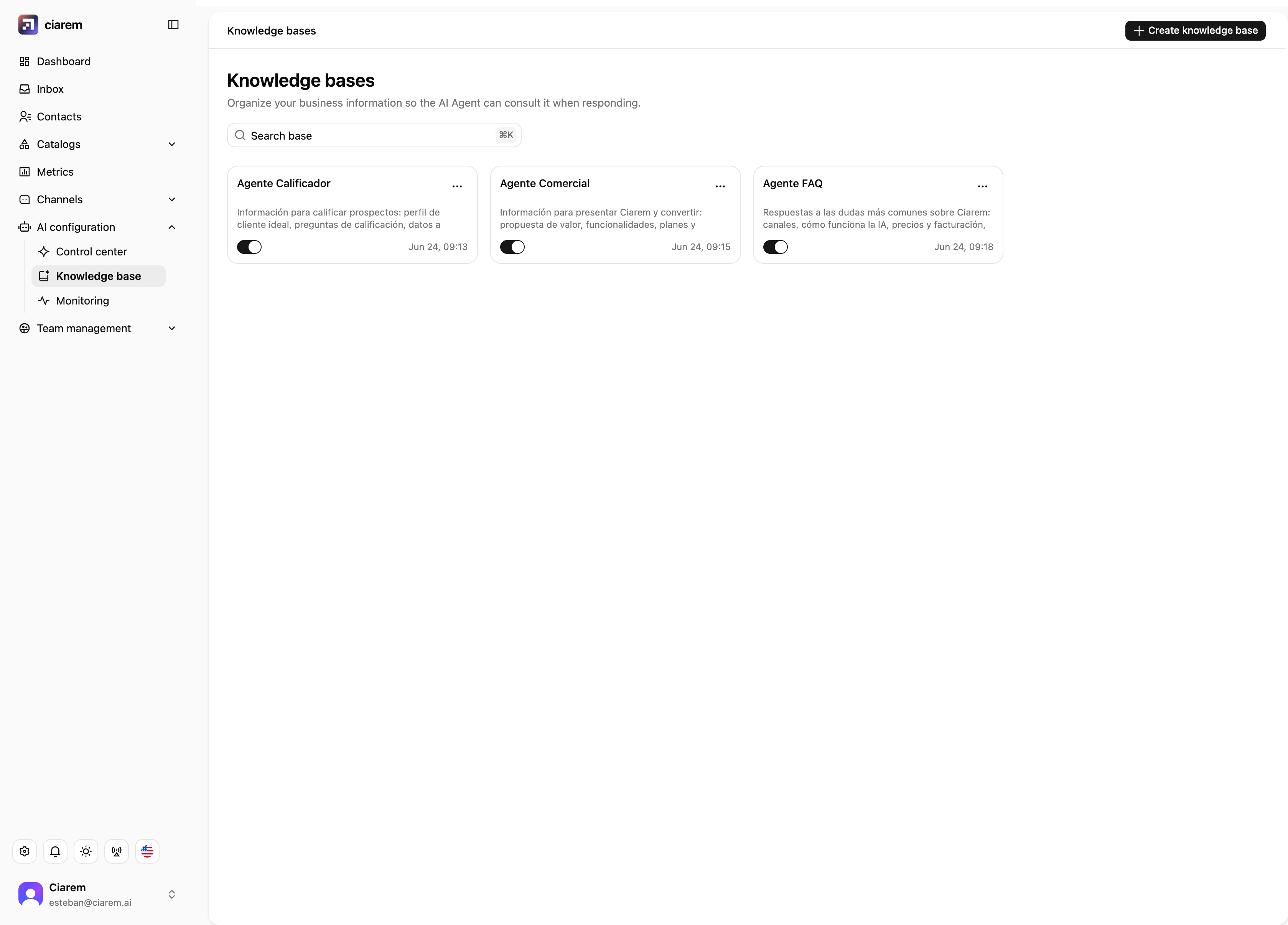 The Knowledge bases page with one knowledge base per agent
