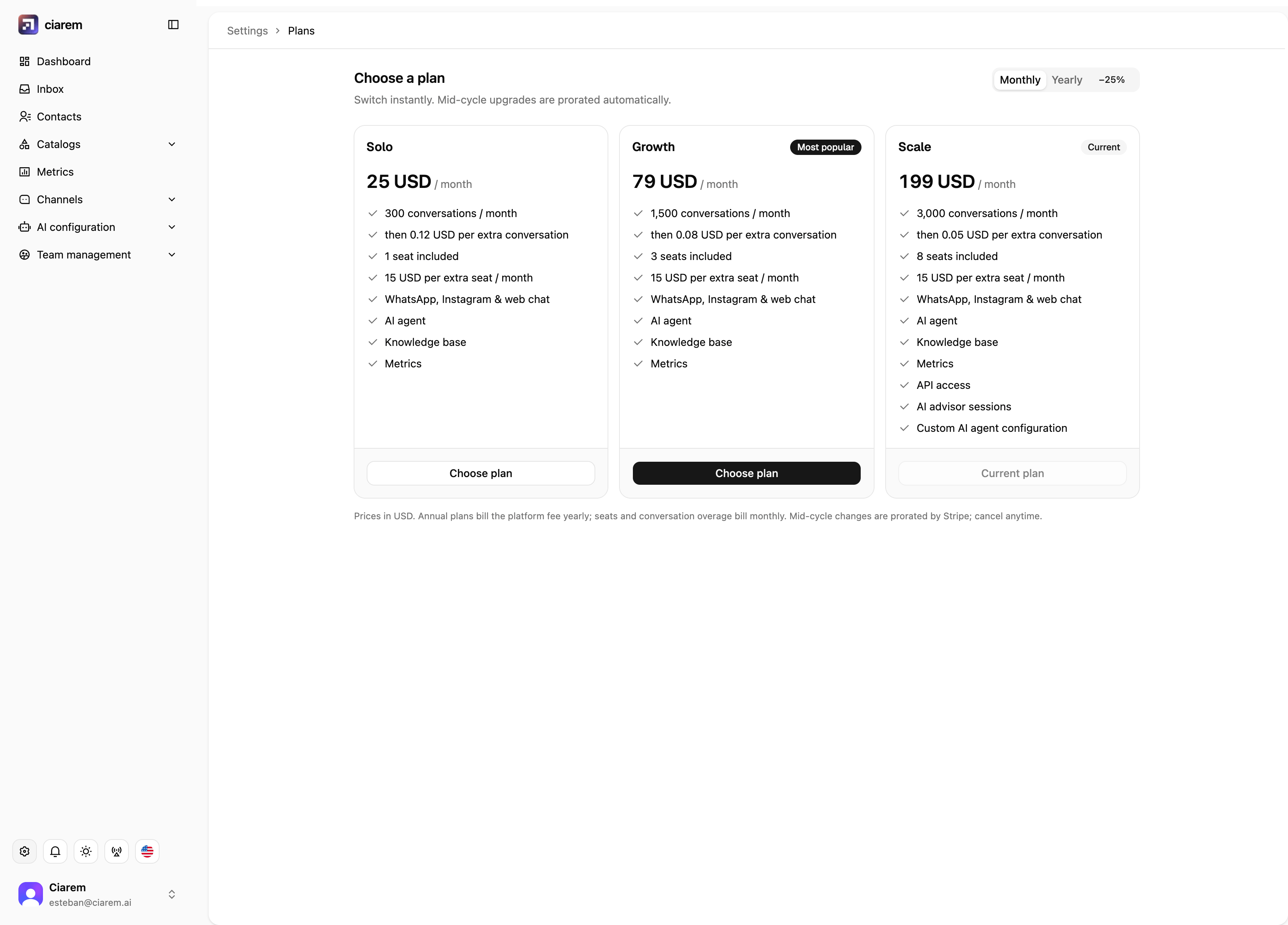 The plans page: Solo, Growth, and Scale with monthly and yearly billing