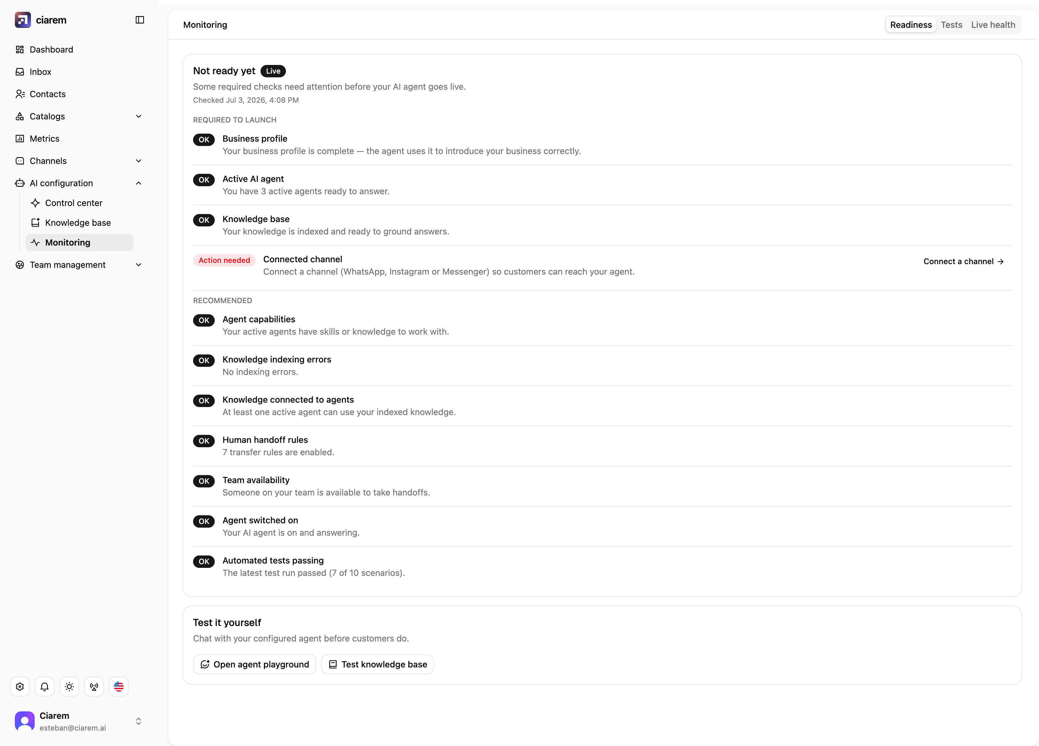 The Readiness tab in Monitoring, showing the verdict, the required-to-launch checks, and the recommended checks