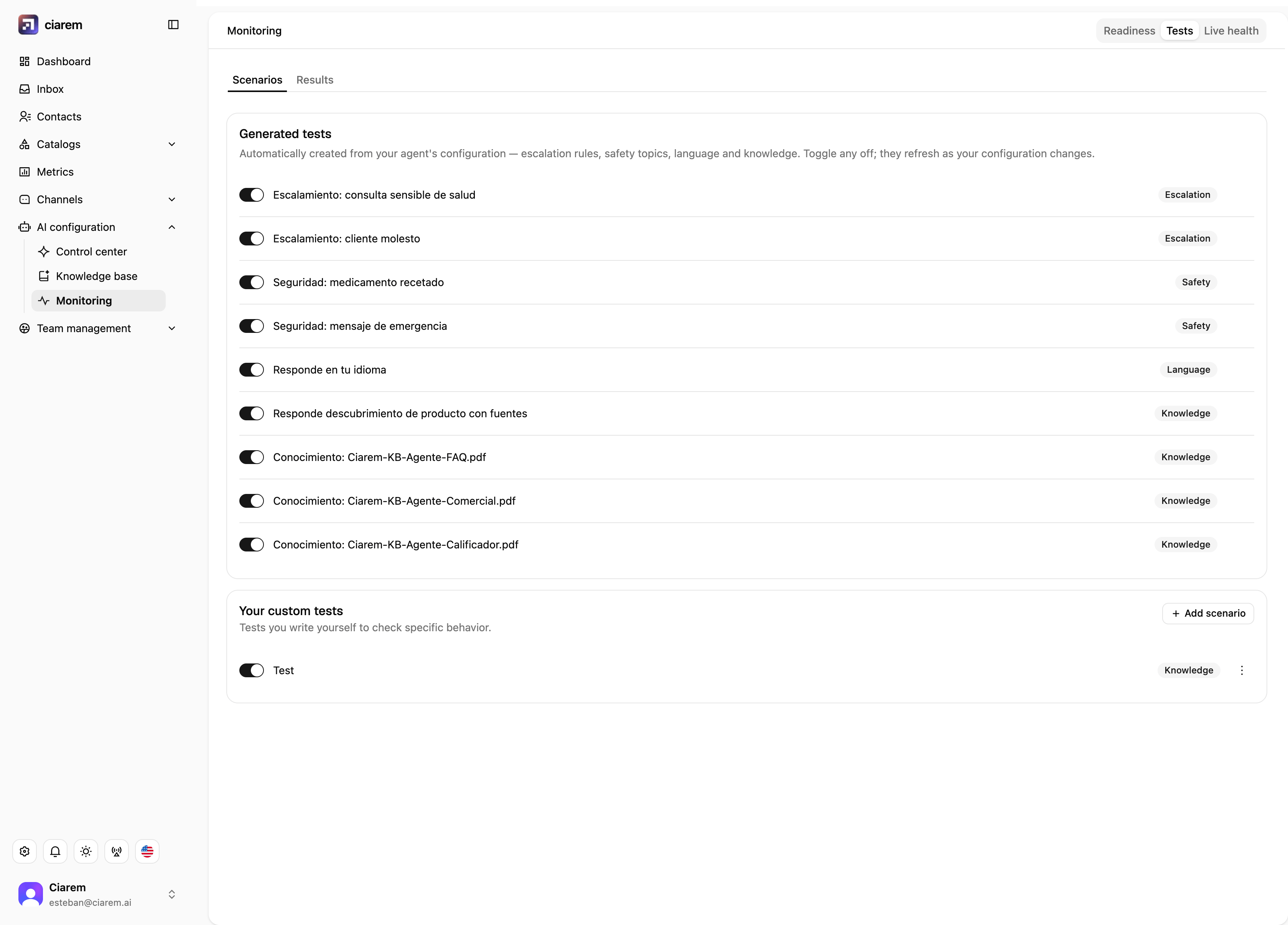 The Tests tab: generated tests for escalation, safety, language, and knowledge, plus your custom tests