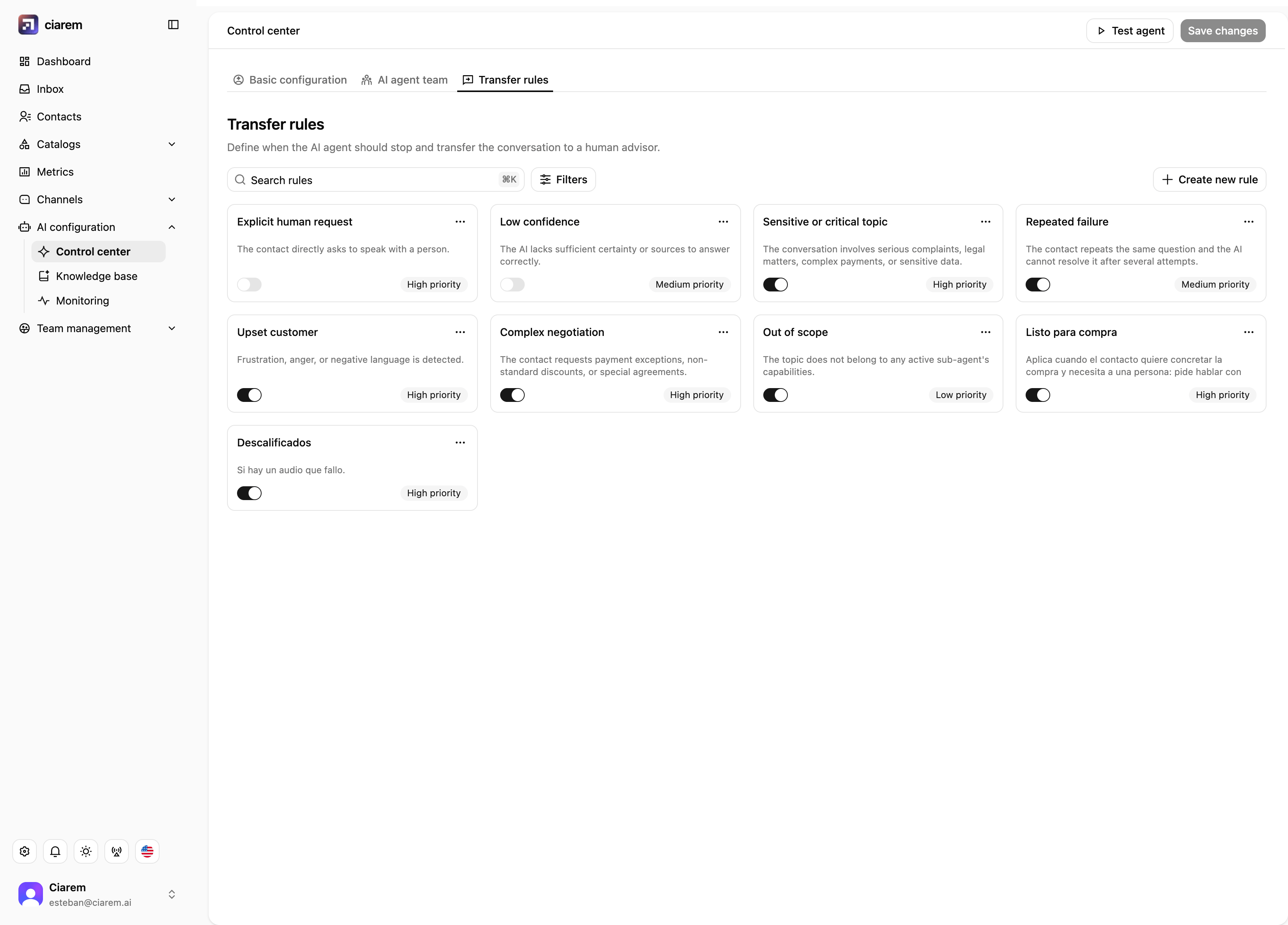 Transfer rules in the Control center, each with its priority and toggle