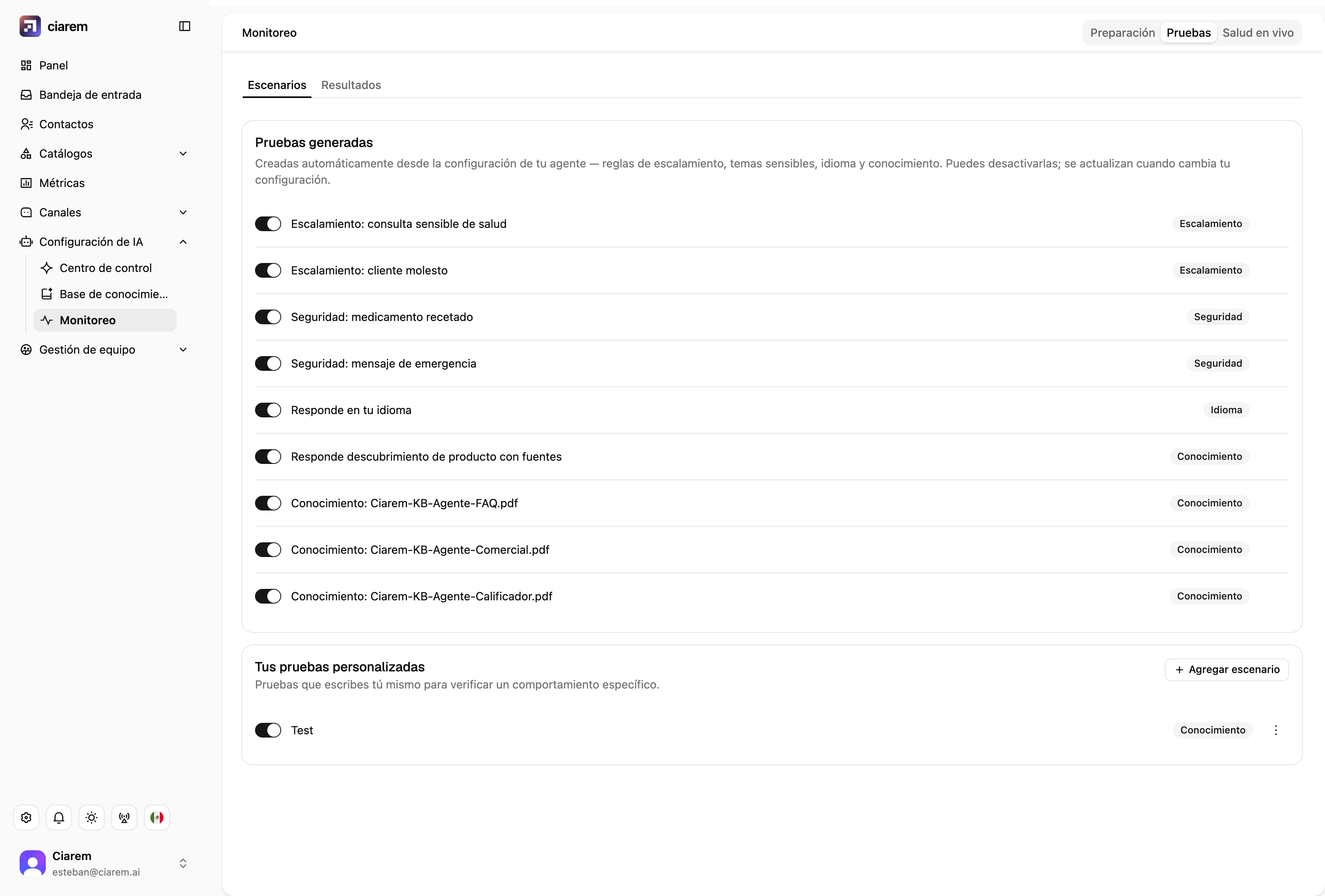 La pestaña Pruebas: pruebas generadas para escalamiento, seguridad, idioma y conocimiento, más tus pruebas personalizadas