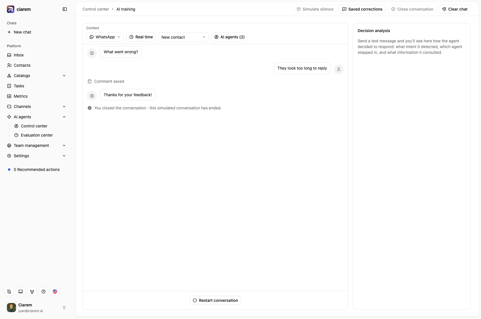 A finished playground survey: score recorded, the comment question and answer, the thank-you, and Restart conversation