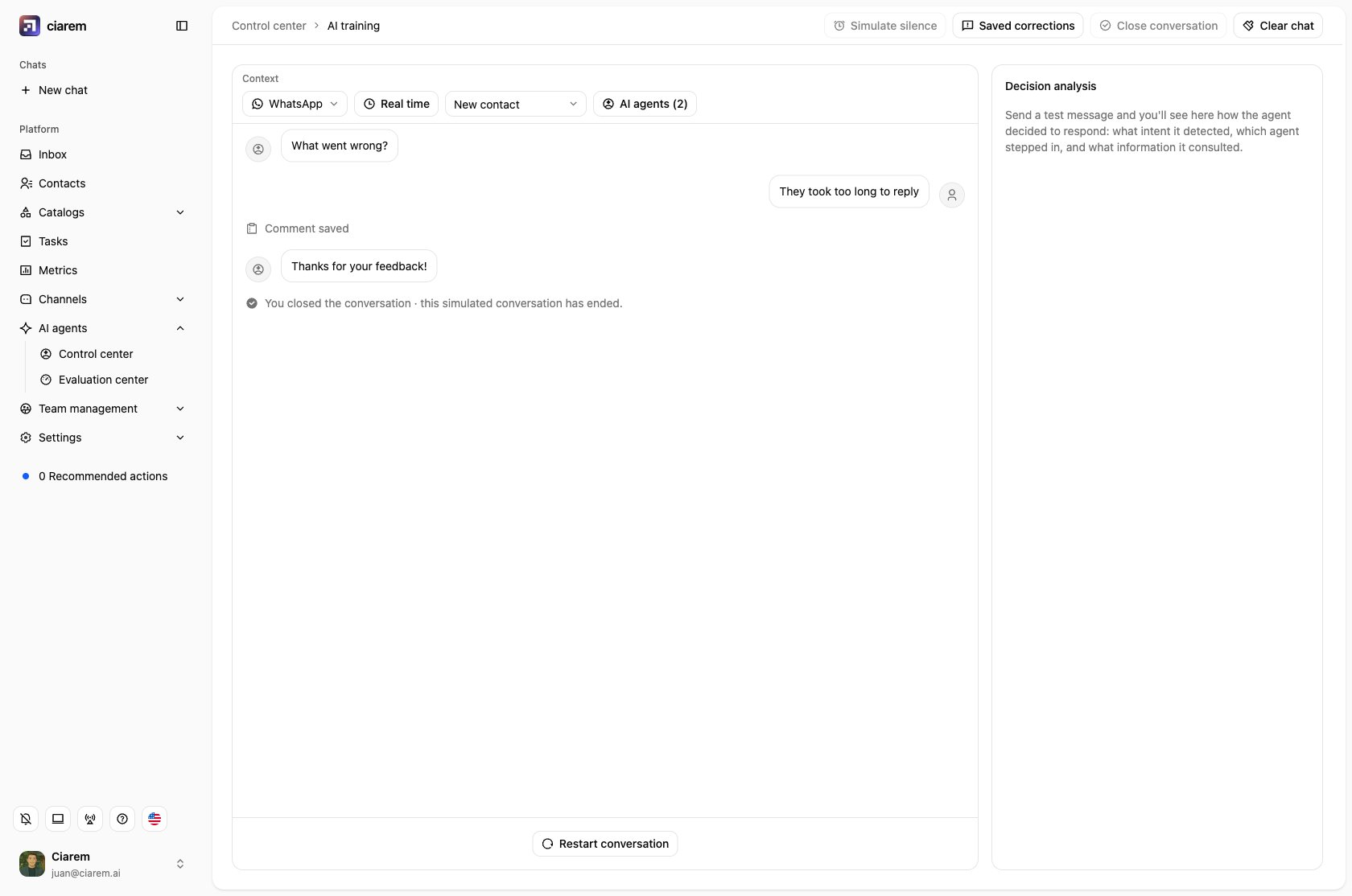 A finished playground survey: score recorded, the comment question and answer, the thank-you, and Restart conversation