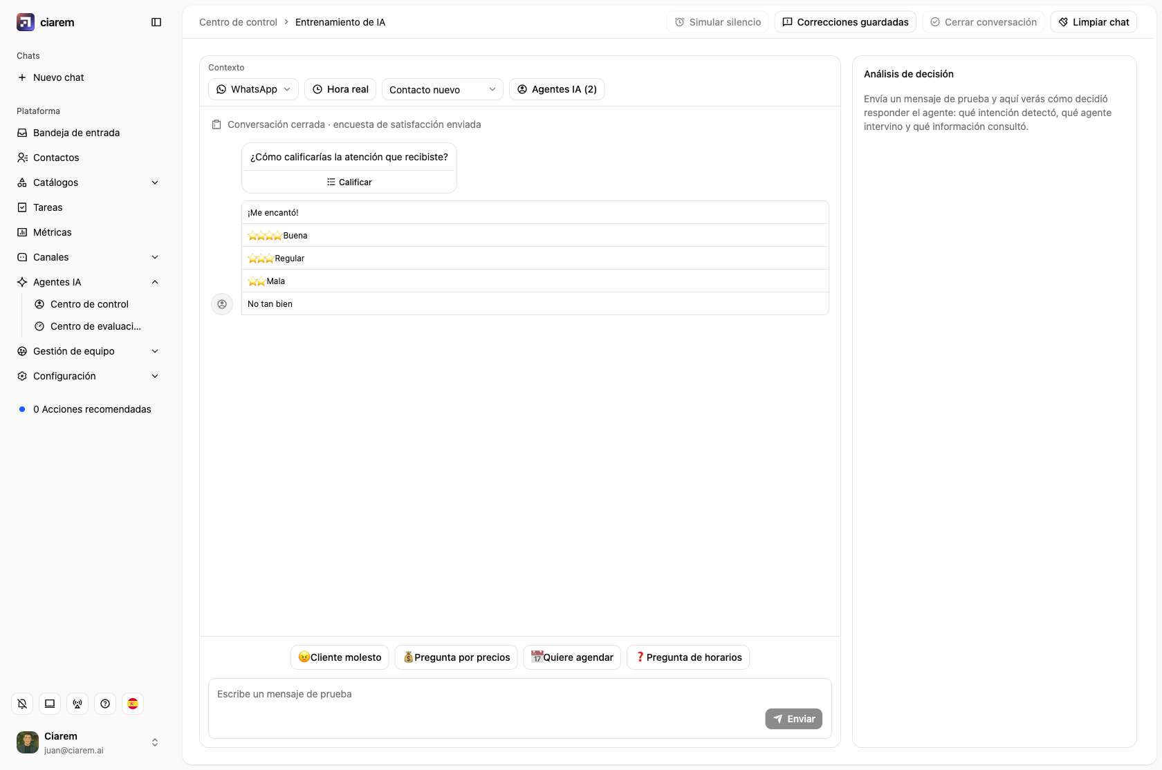 El playground después de Cerrar conversación: la lista de WhatsApp de la encuesta, lista para responder