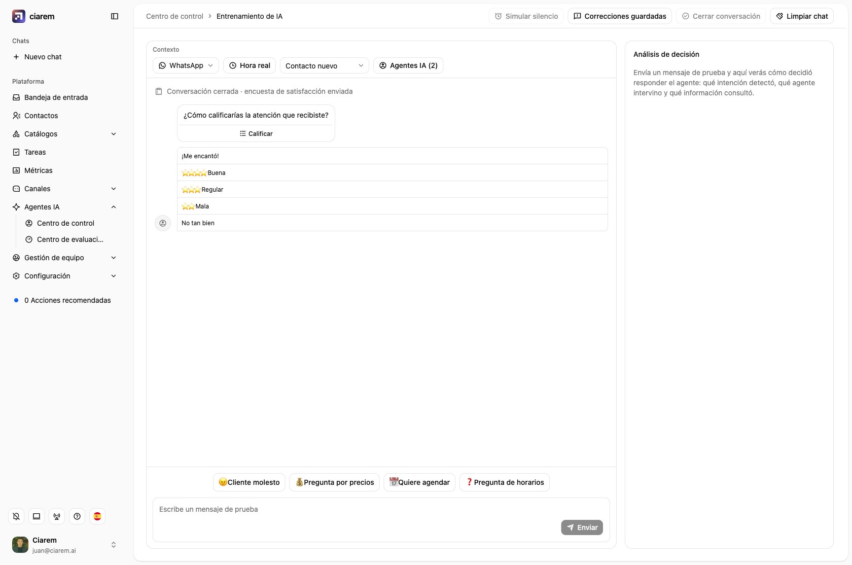 El playground después de Cerrar conversación: la lista de WhatsApp de la encuesta, lista para responder