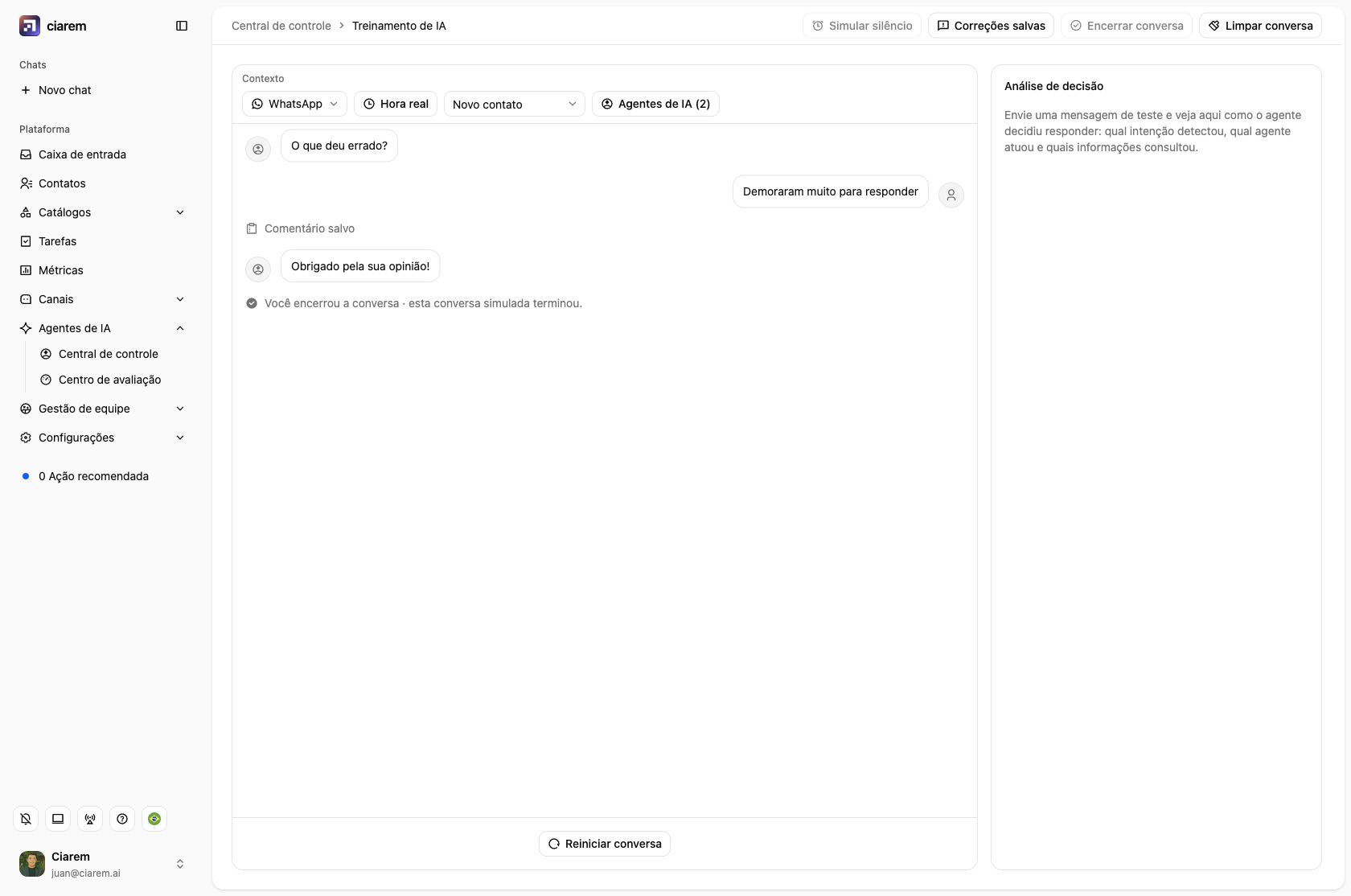 Uma pesquisa concluída no playground: nota registrada, a pergunta do comentário e a resposta, o agradecimento e Reiniciar conversa