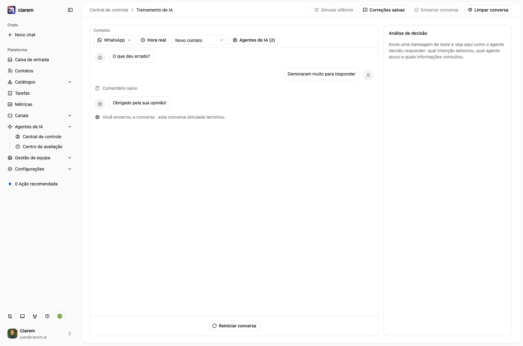 Uma pesquisa concluída no playground: nota registrada, a pergunta do comentário e a resposta, o agradecimento e Reiniciar conversa