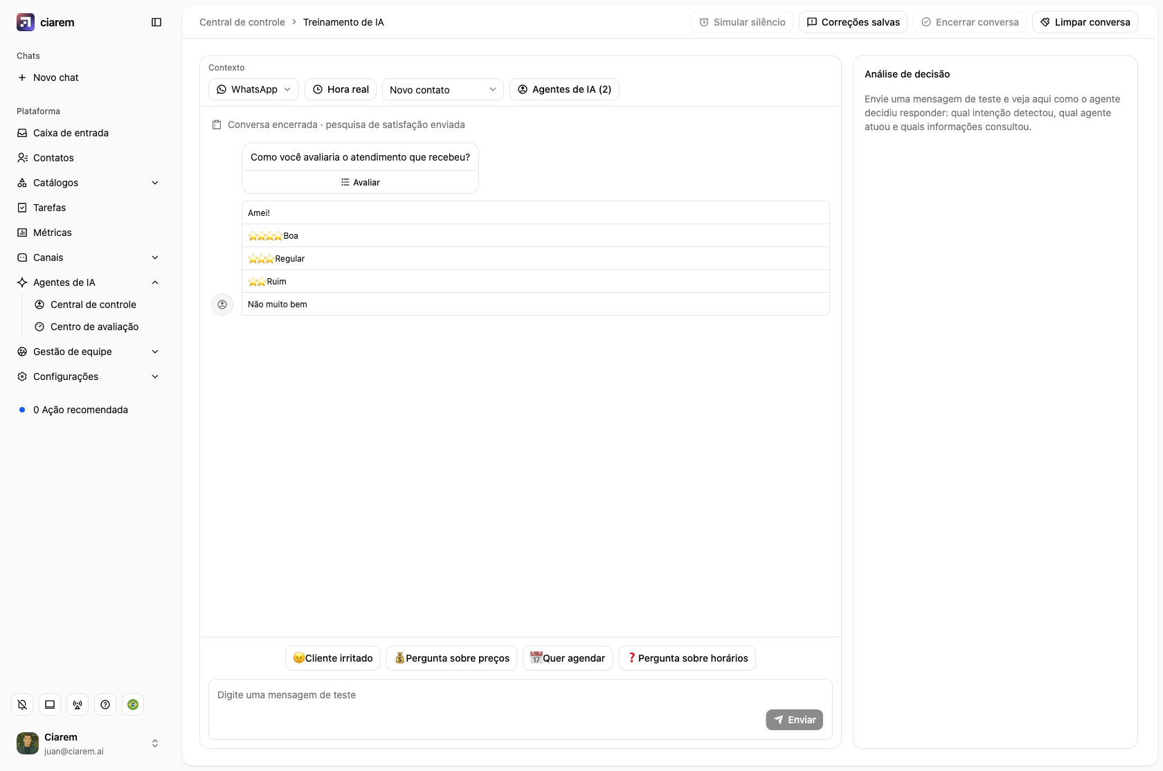 O playground depois de Encerrar conversa: a lista do WhatsApp da pesquisa, pronta para responder