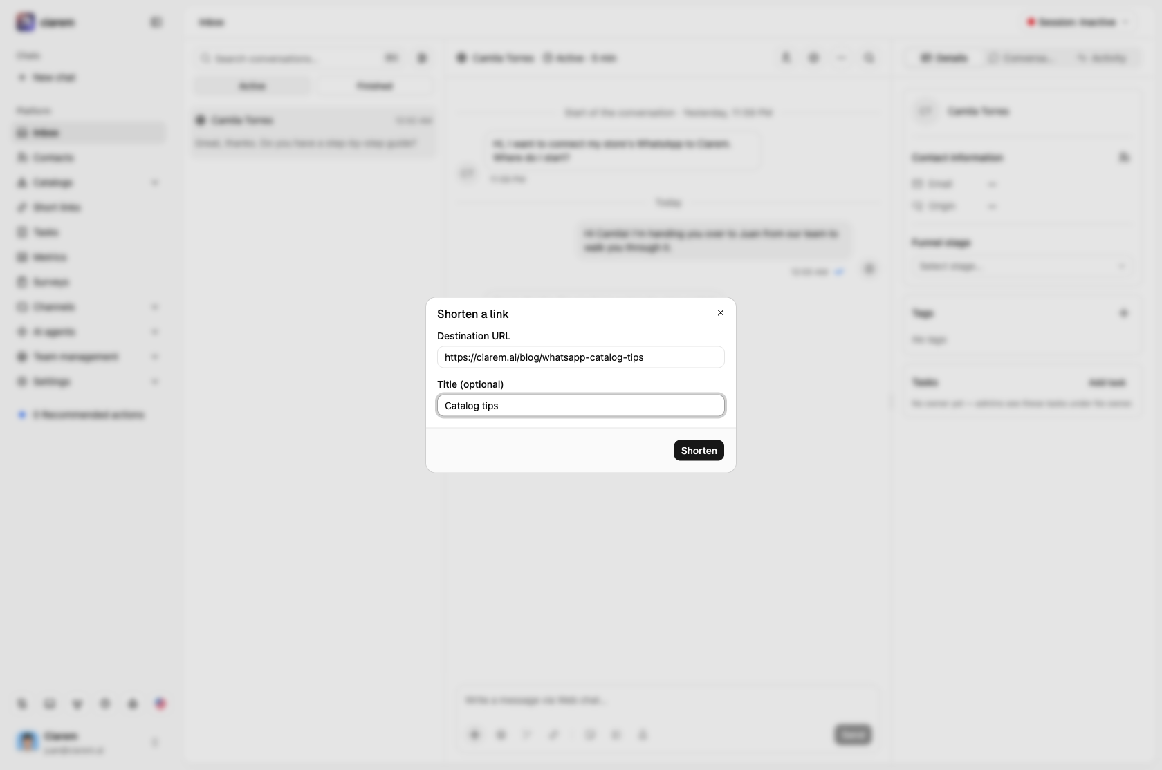 The Shorten link dialog: Destination URL and Title (optional)