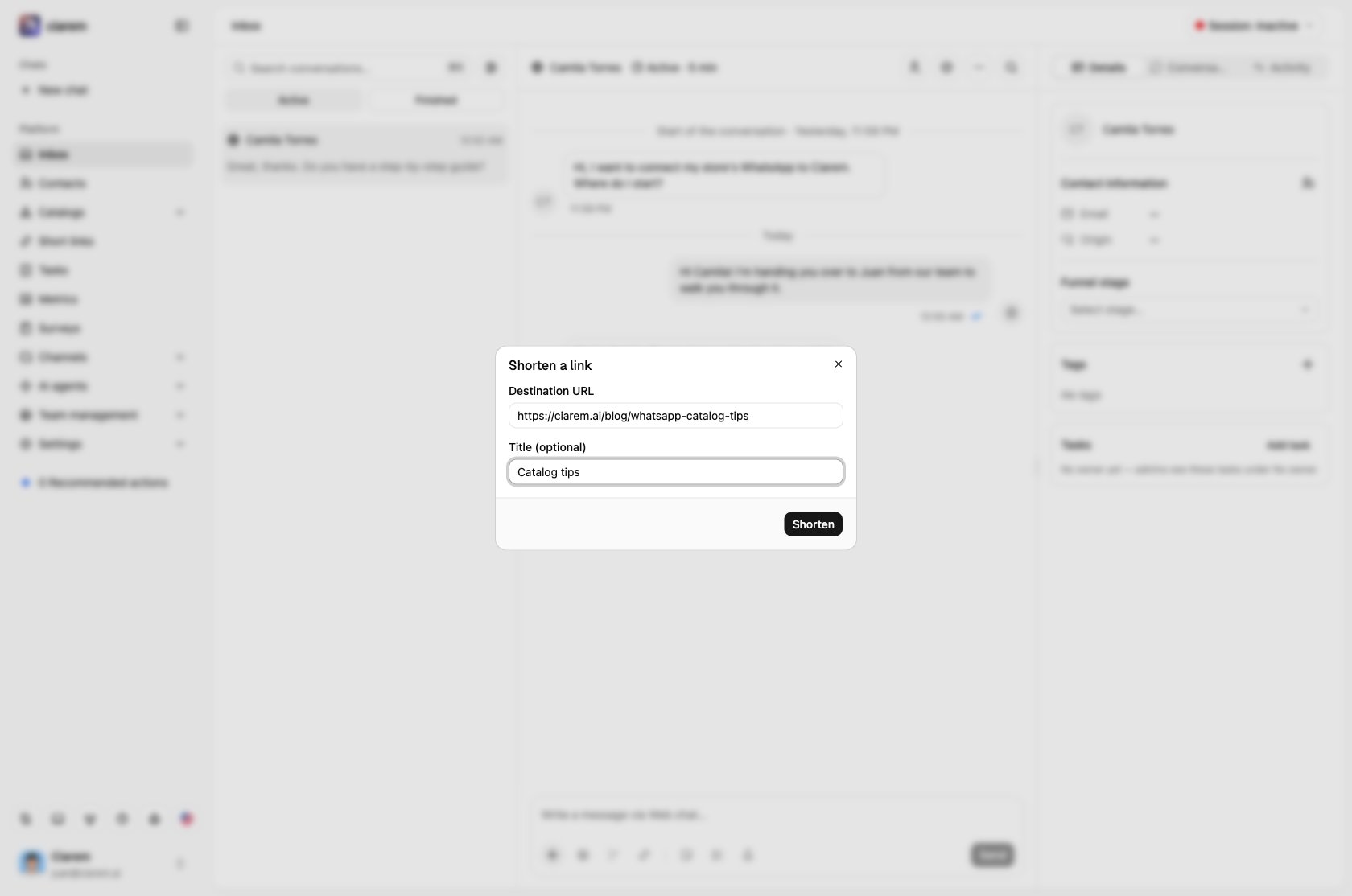 The Shorten link dialog: Destination URL and Title (optional)