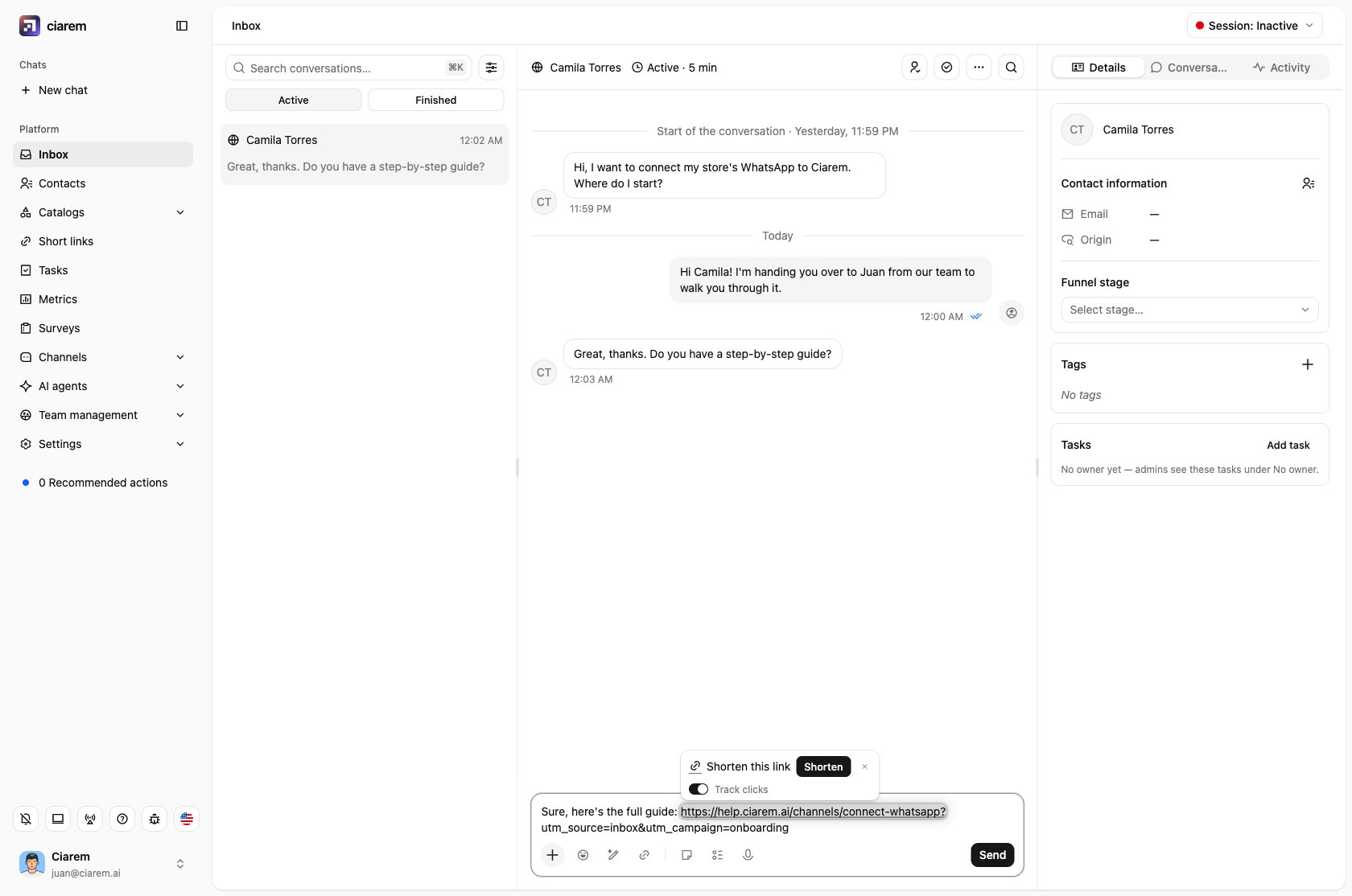 The Shorten pill above a long URL in the inbox composer, with Track clicks