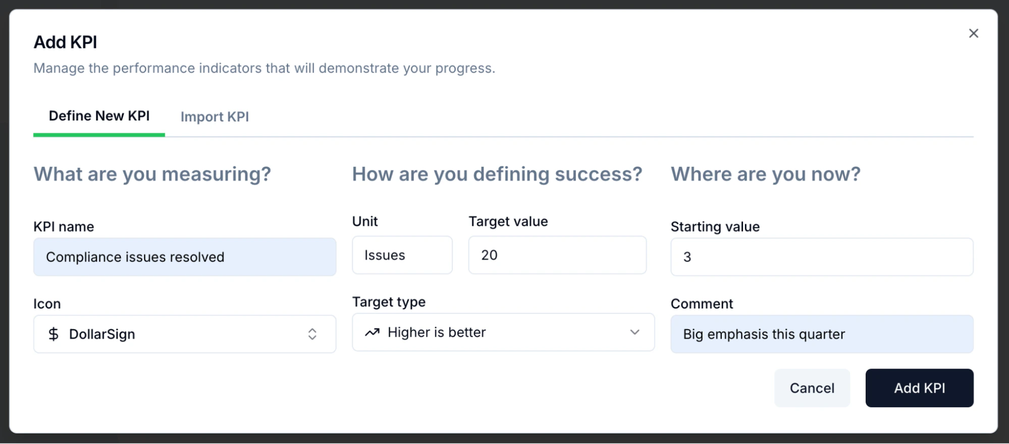 KPI detail fields and target type