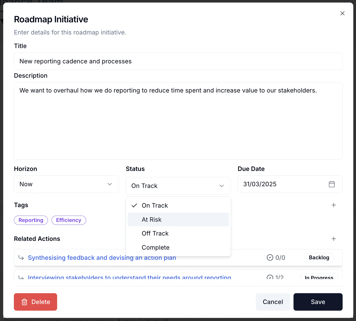 Updating an initiative's status