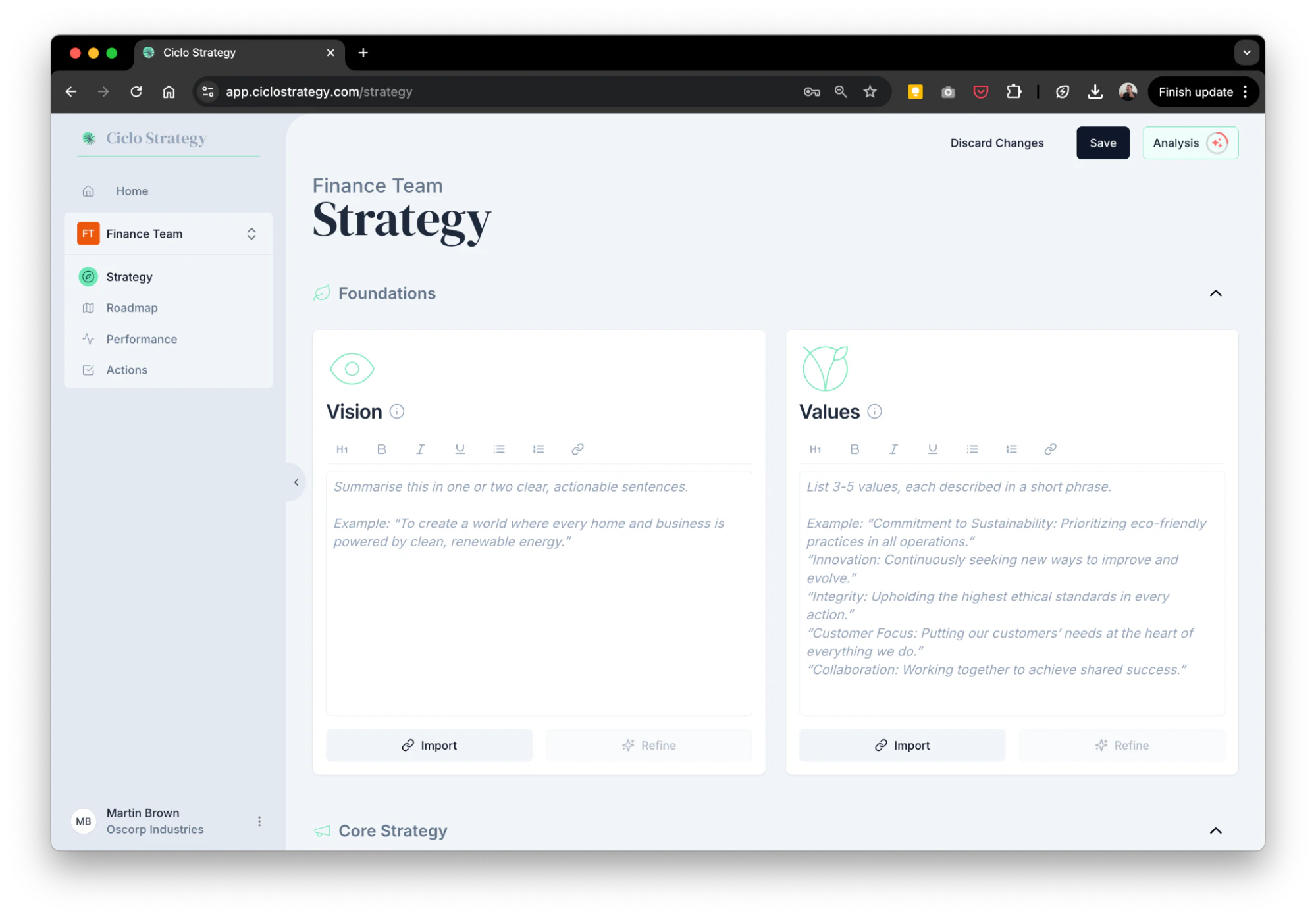 The strategy editing panel