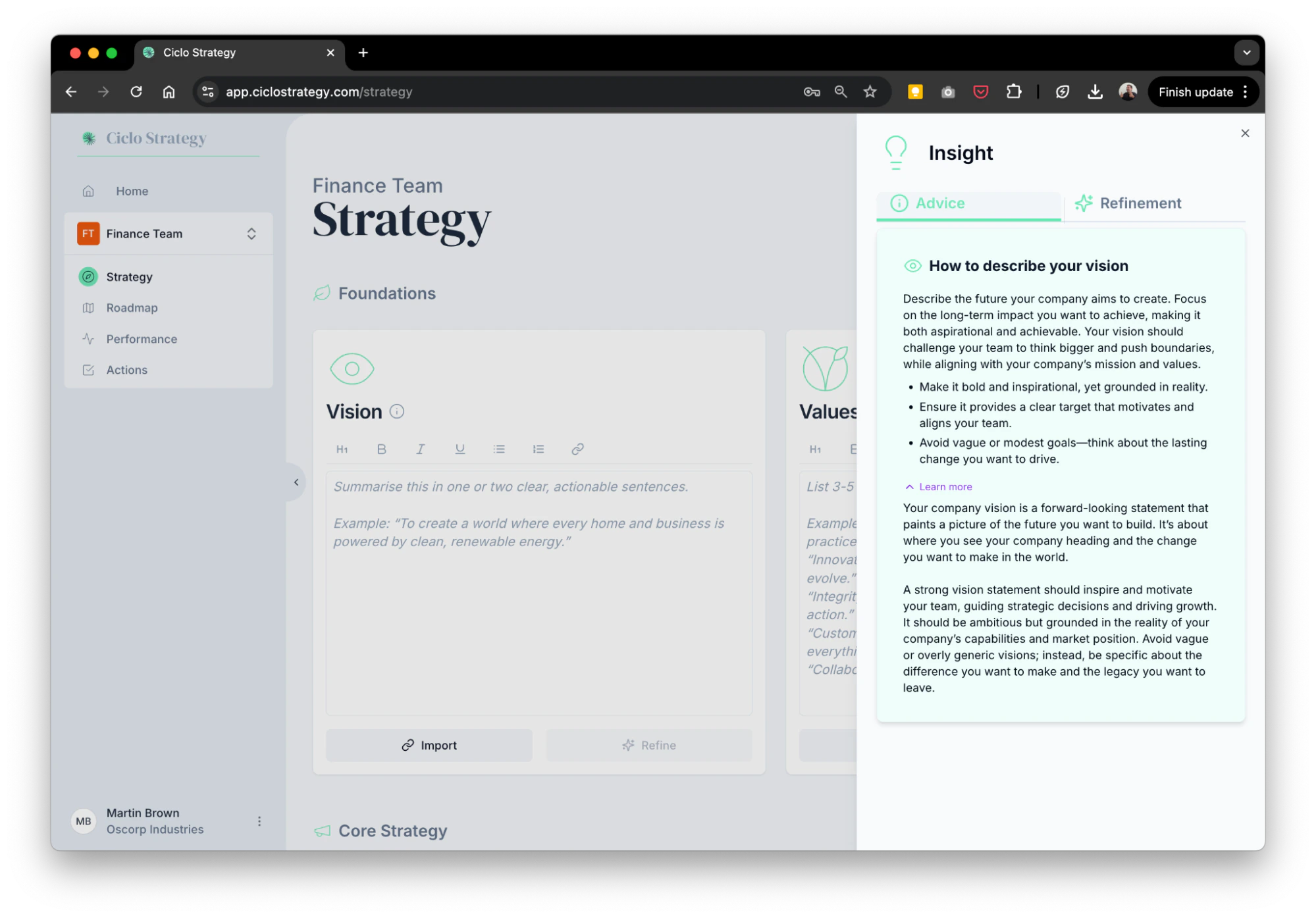 Expert guidance panel for a strategy element