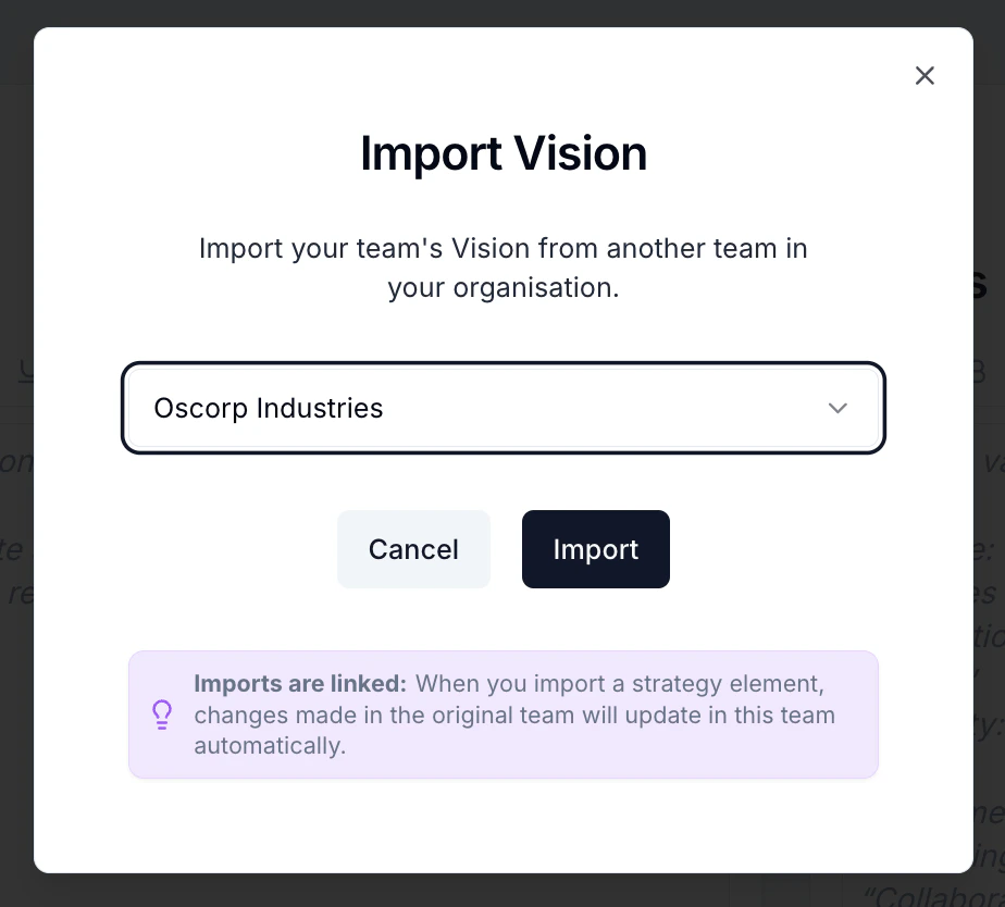 Importing strategy elements from another team