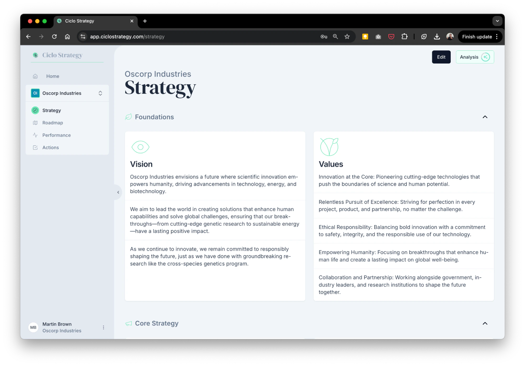 The Ciclo Strategy page showing vision, goals, and targets together