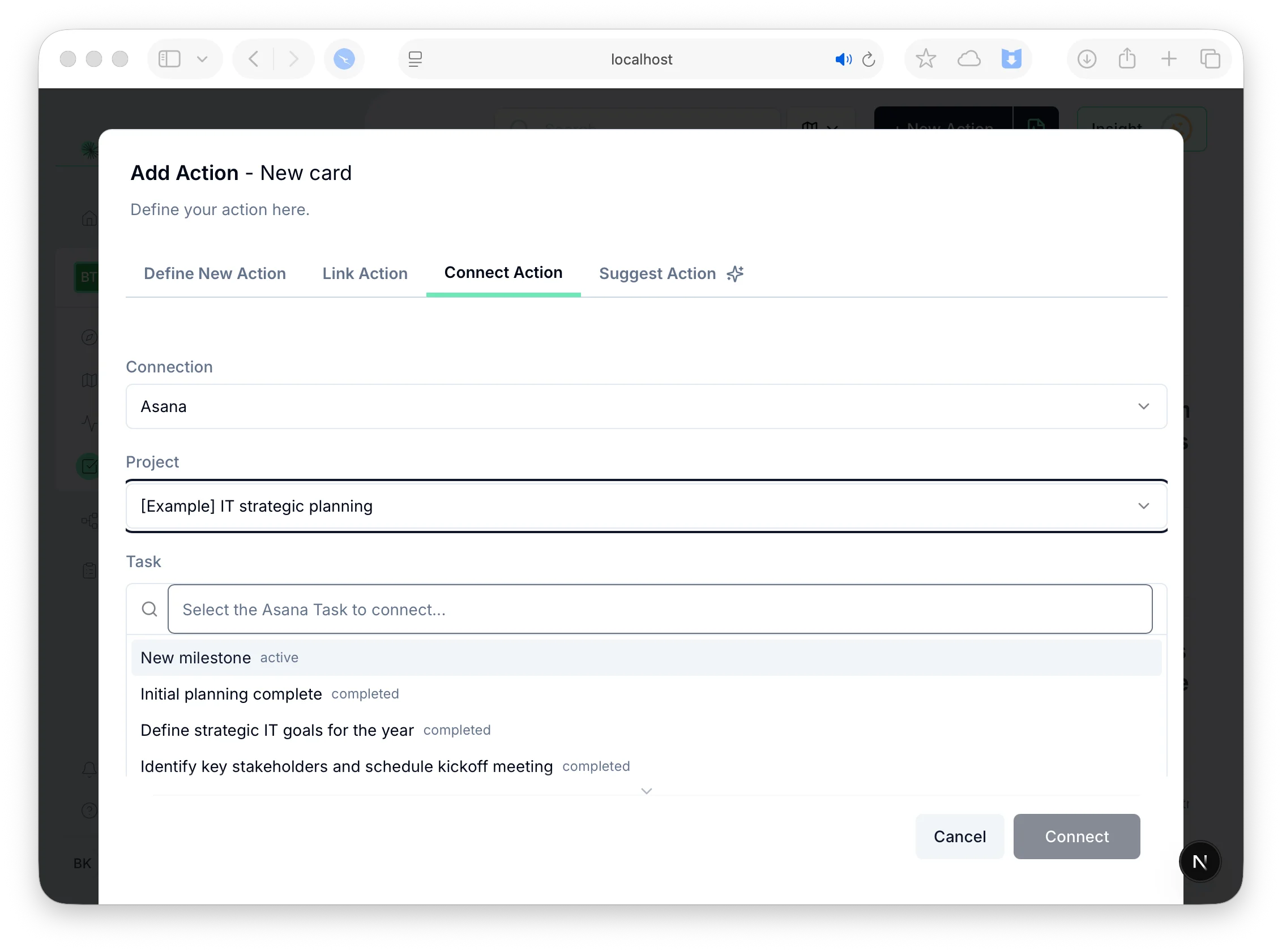 Selecting an Asana project and task to connect to an action