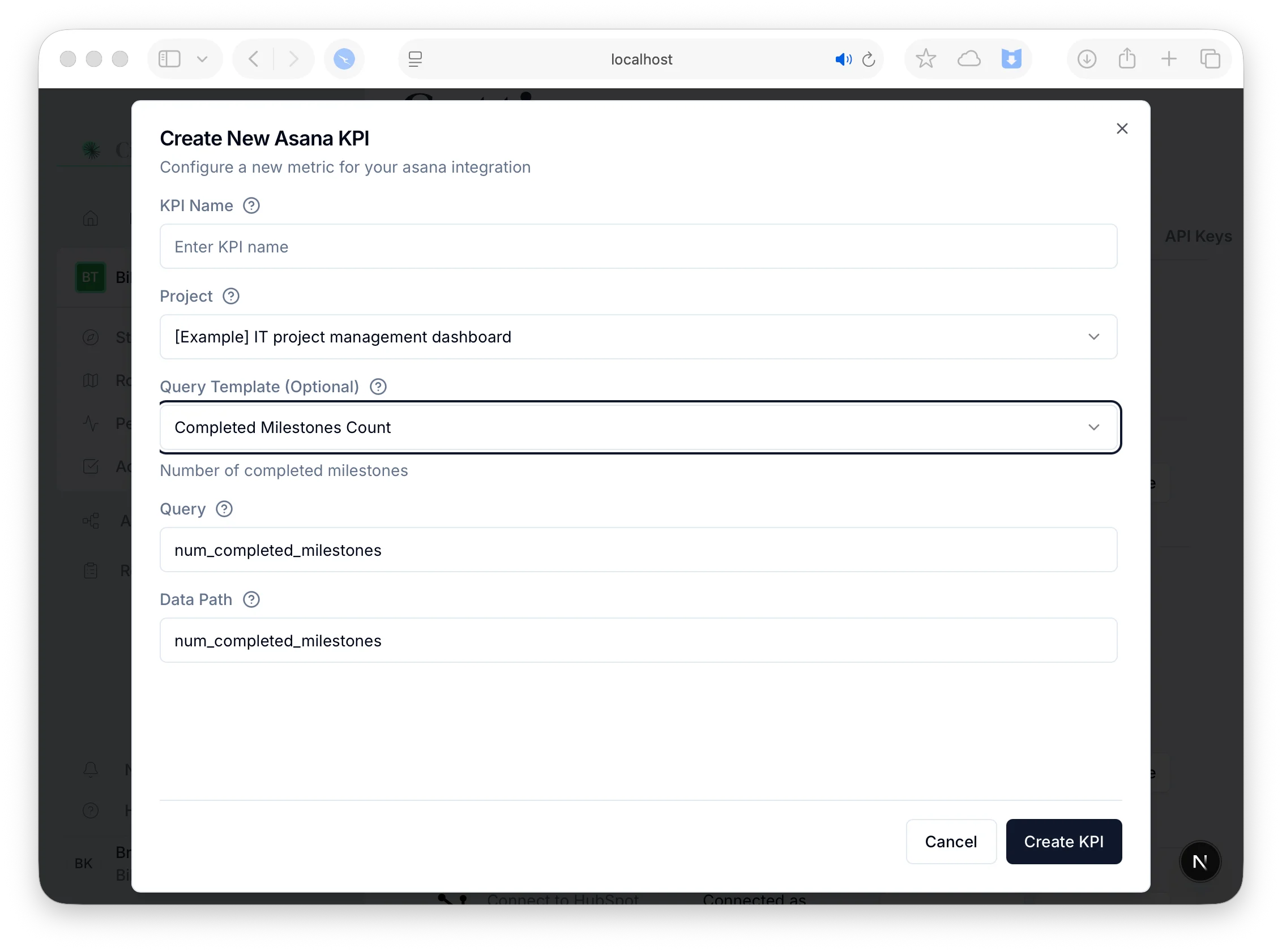 The Create New Asana KPI form