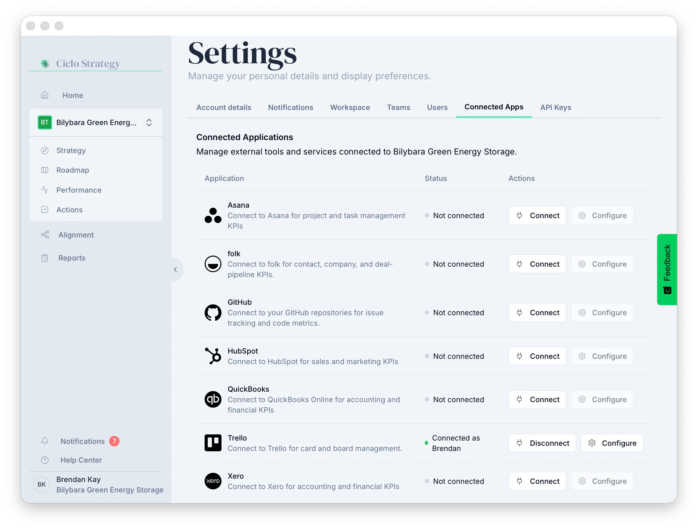 The QuickBooks row in the Connected Apps settings tab
