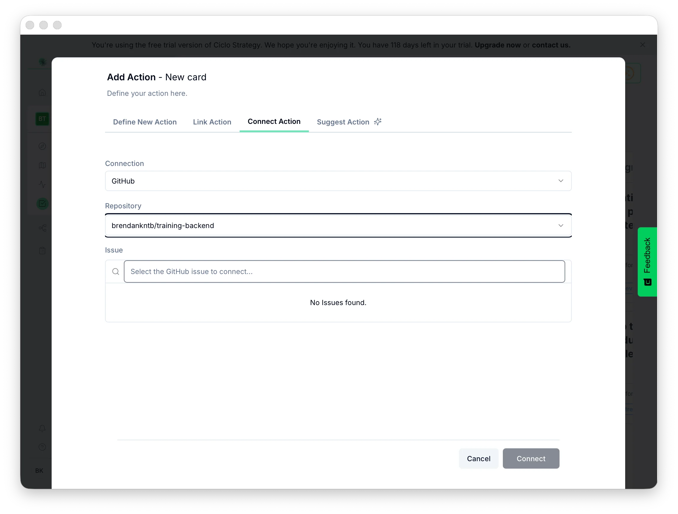 Selecting a GitHub repository and issue to connect to an action