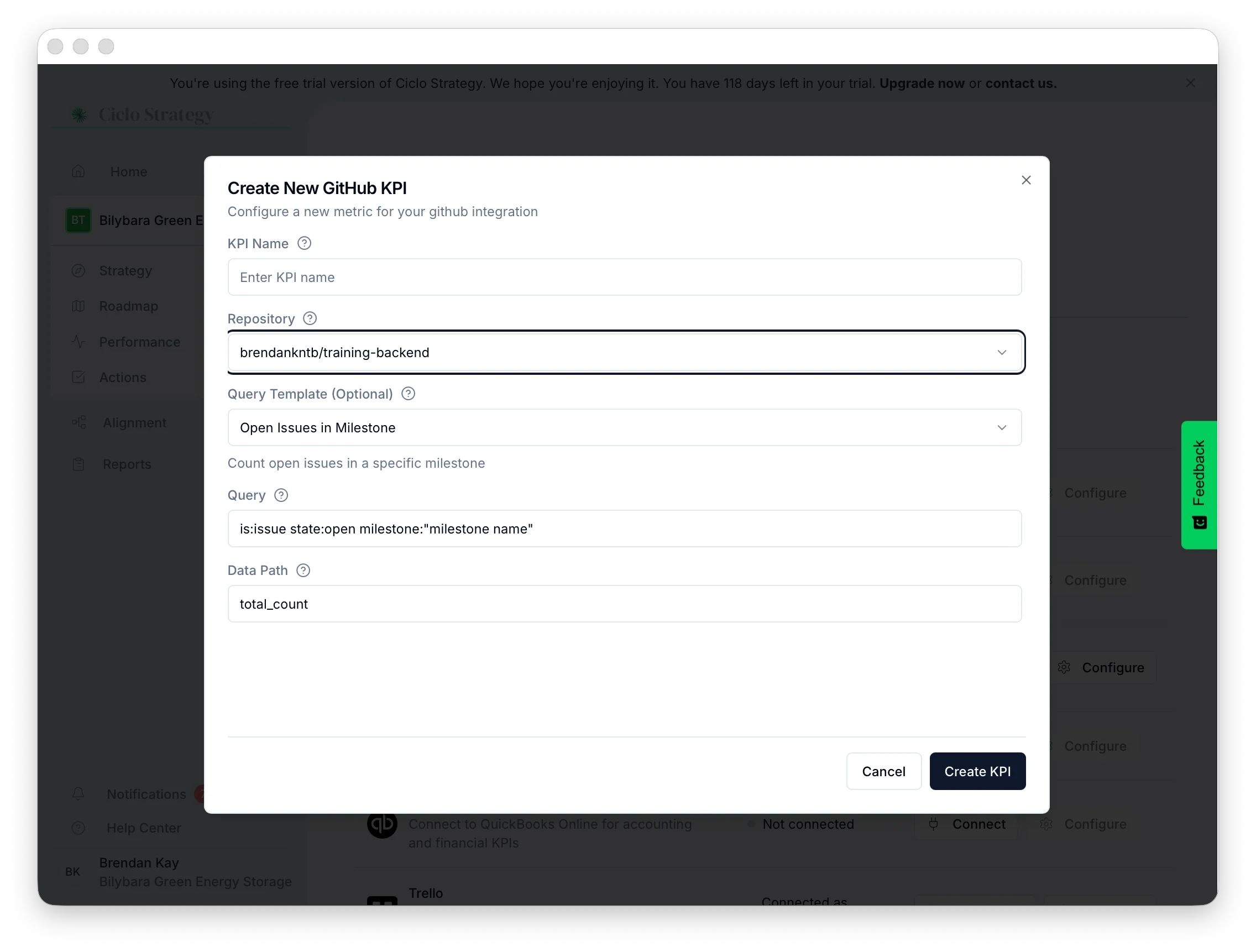 The Create New GitHub KPI form