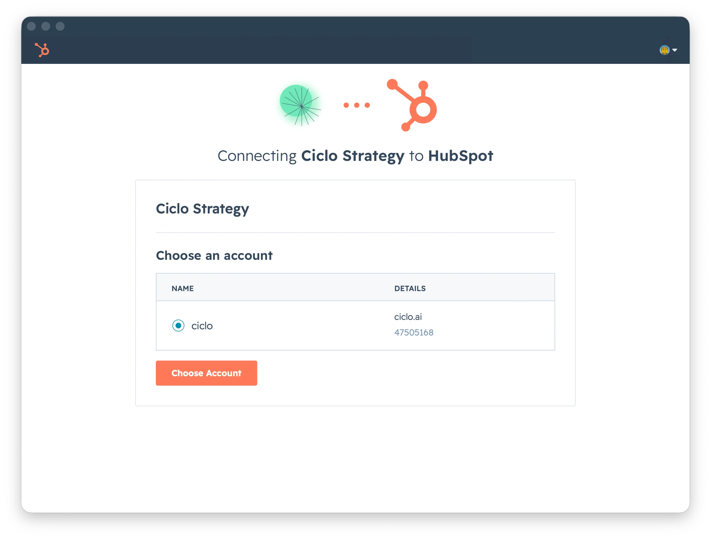 The HubSpot OAuth authorisation screen