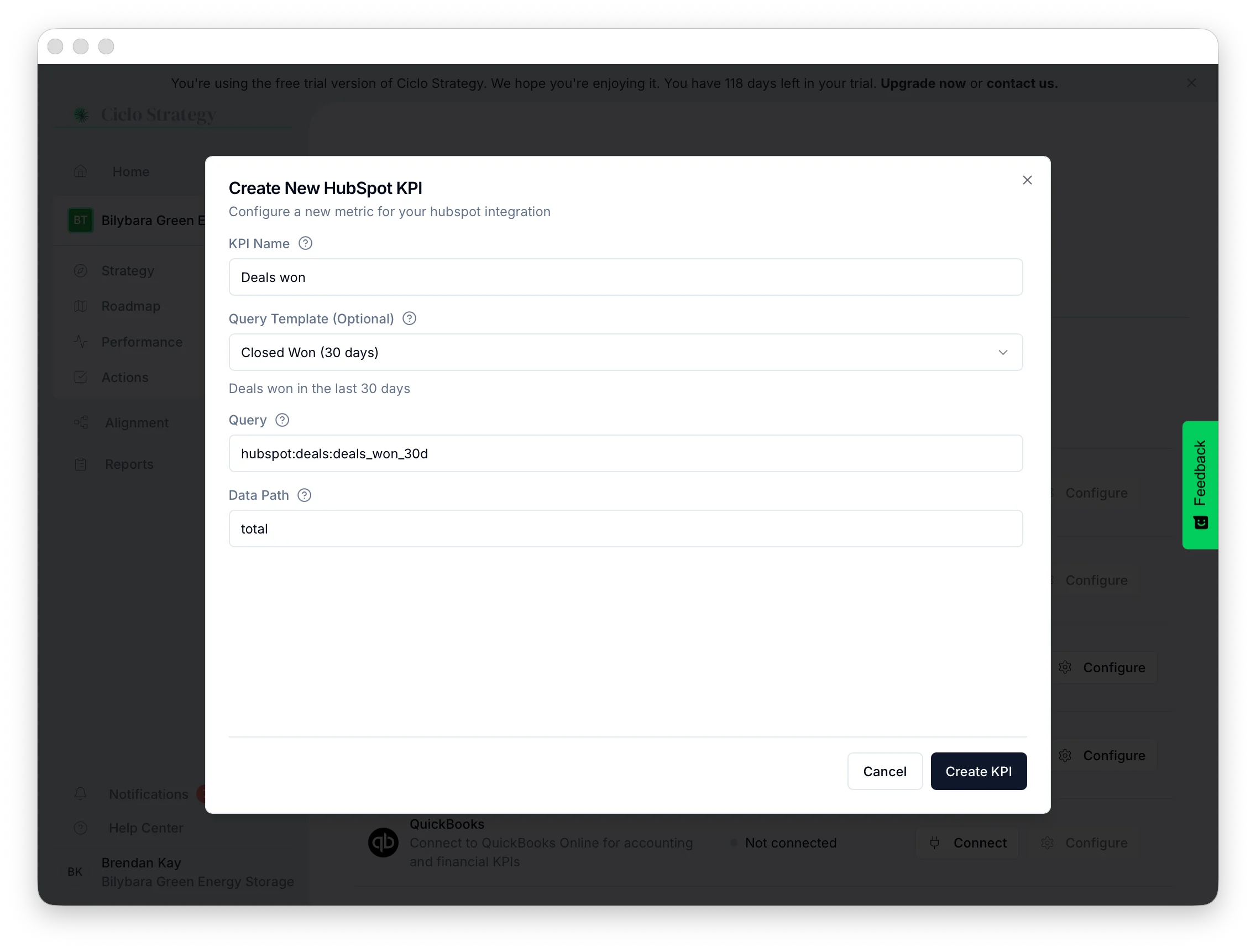 The Create New HubSpot KPI form