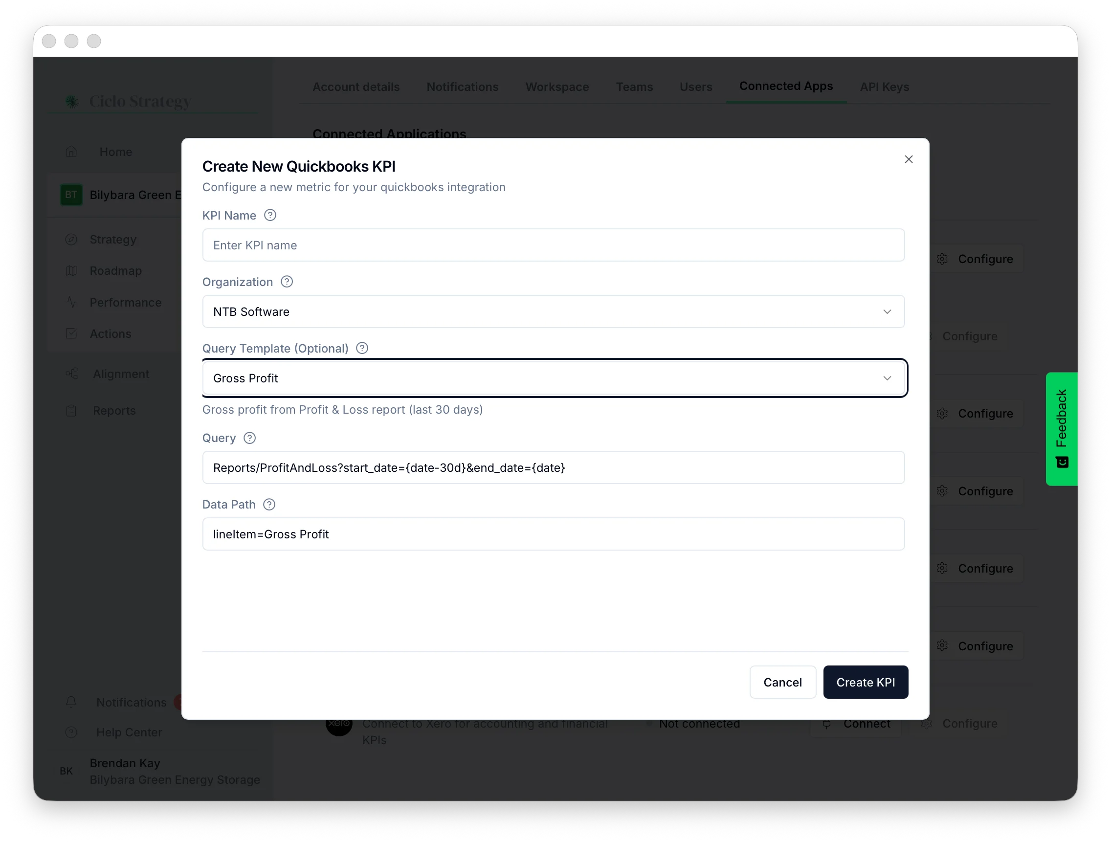 The Create New QuickBooks KPI form