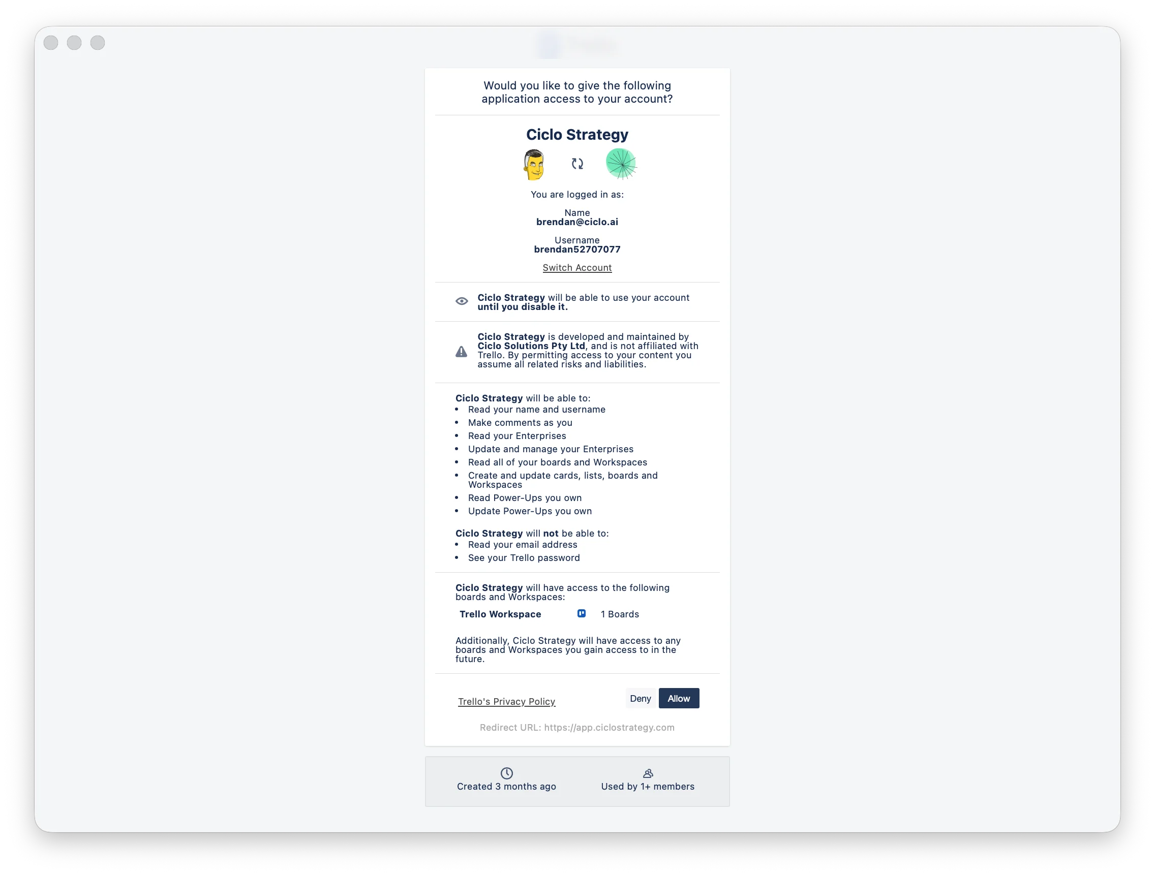 The Trello authorisation screen