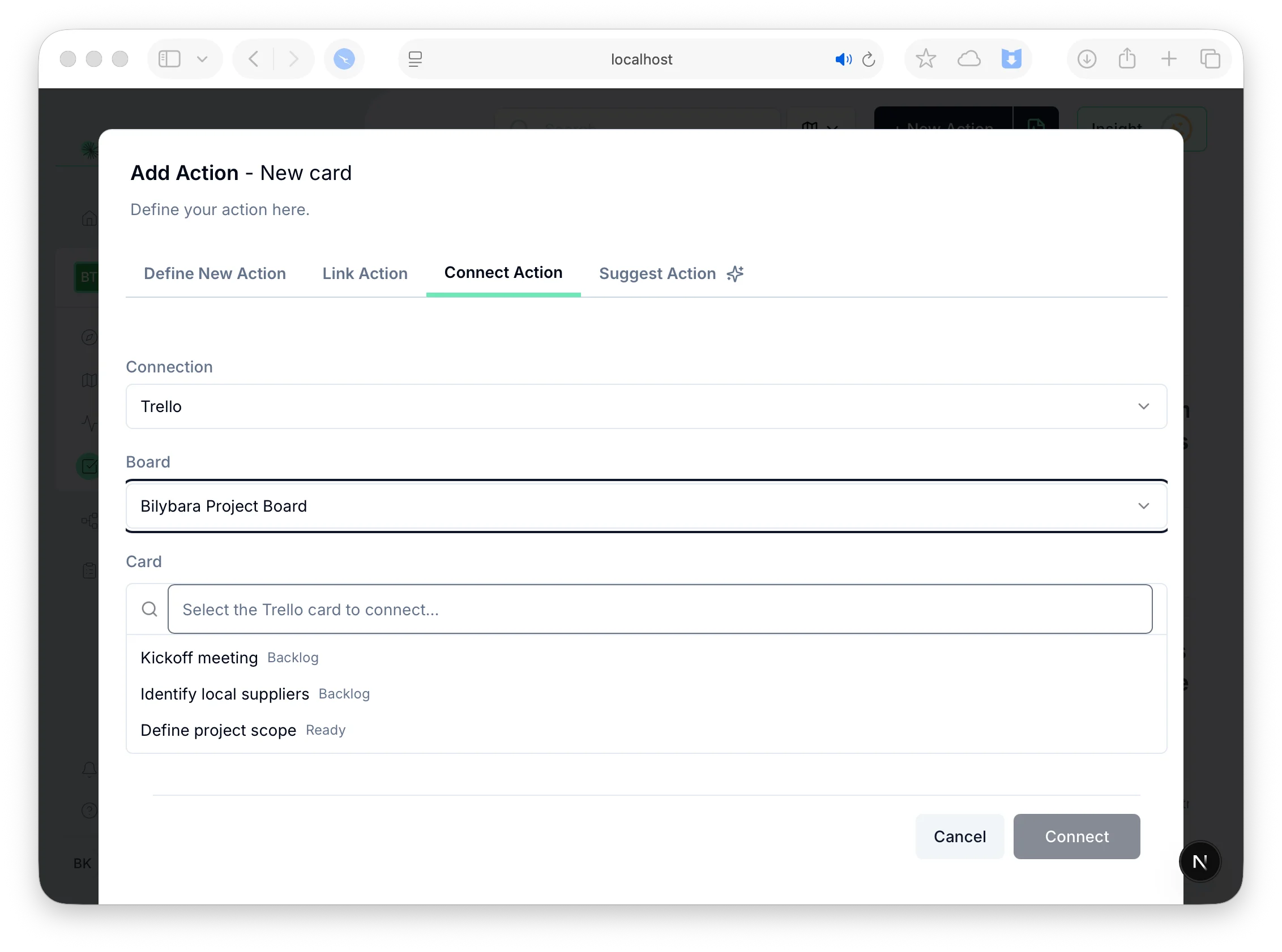 Selecting a Trello board and card to connect to an action