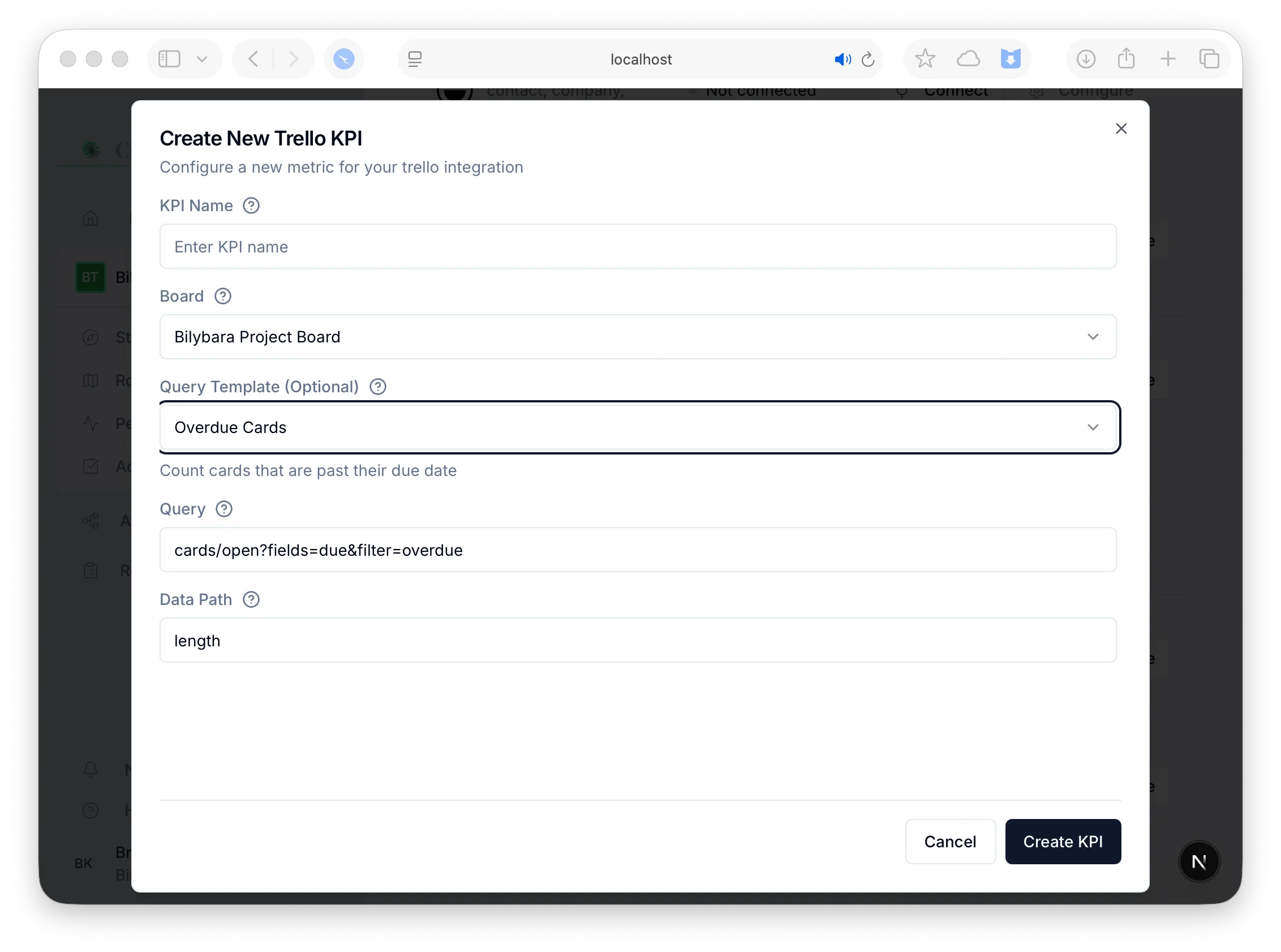The Create New Trello KPI form