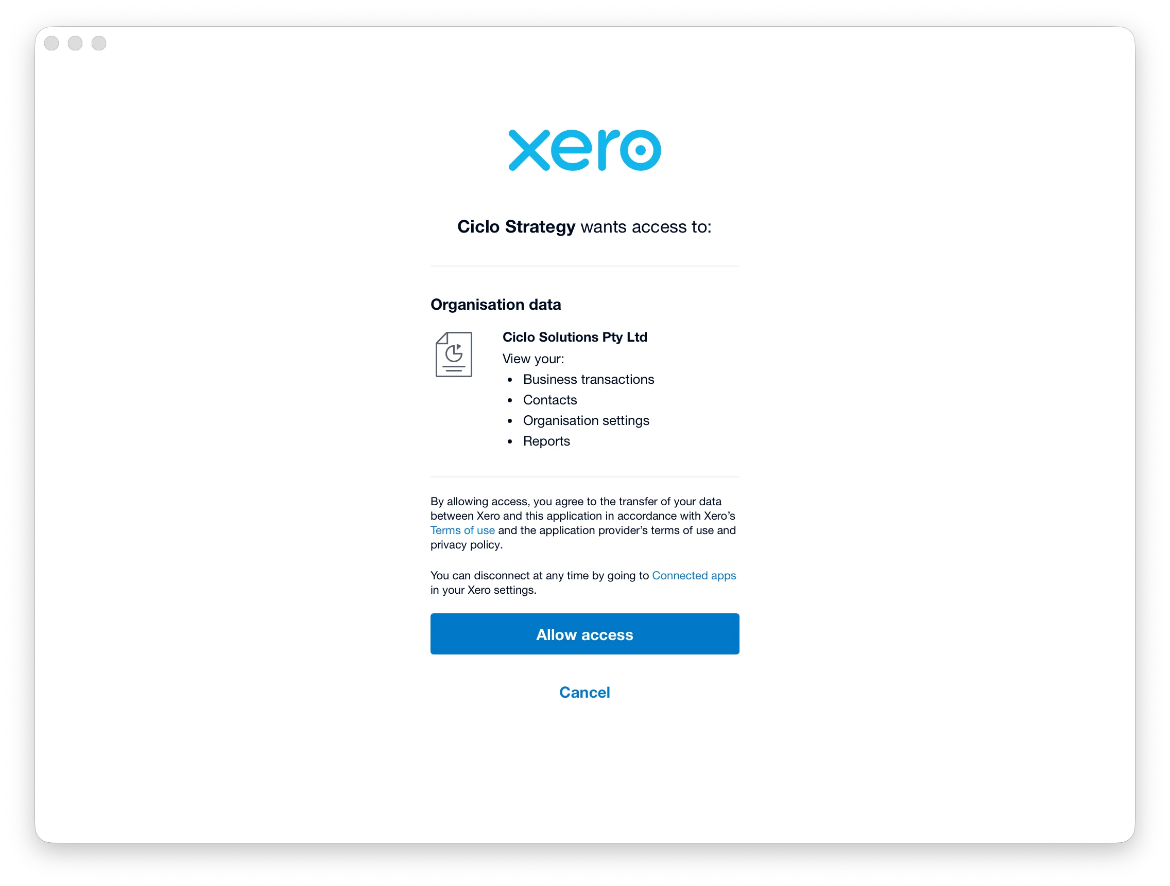 The Xero authorisation screen