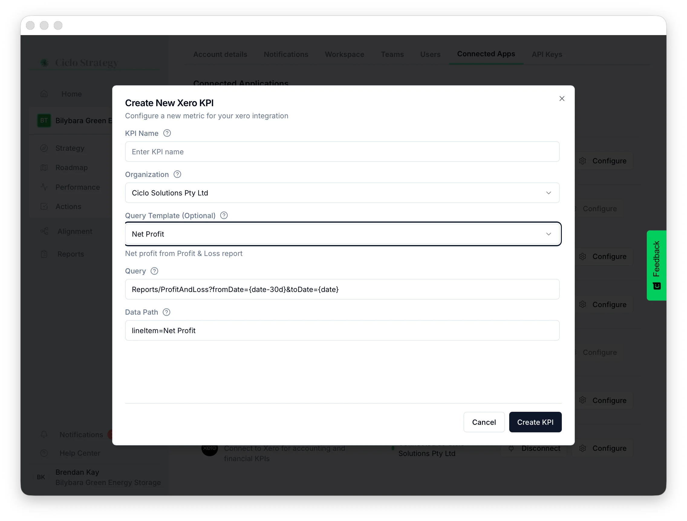 The Create New Xero KPI form