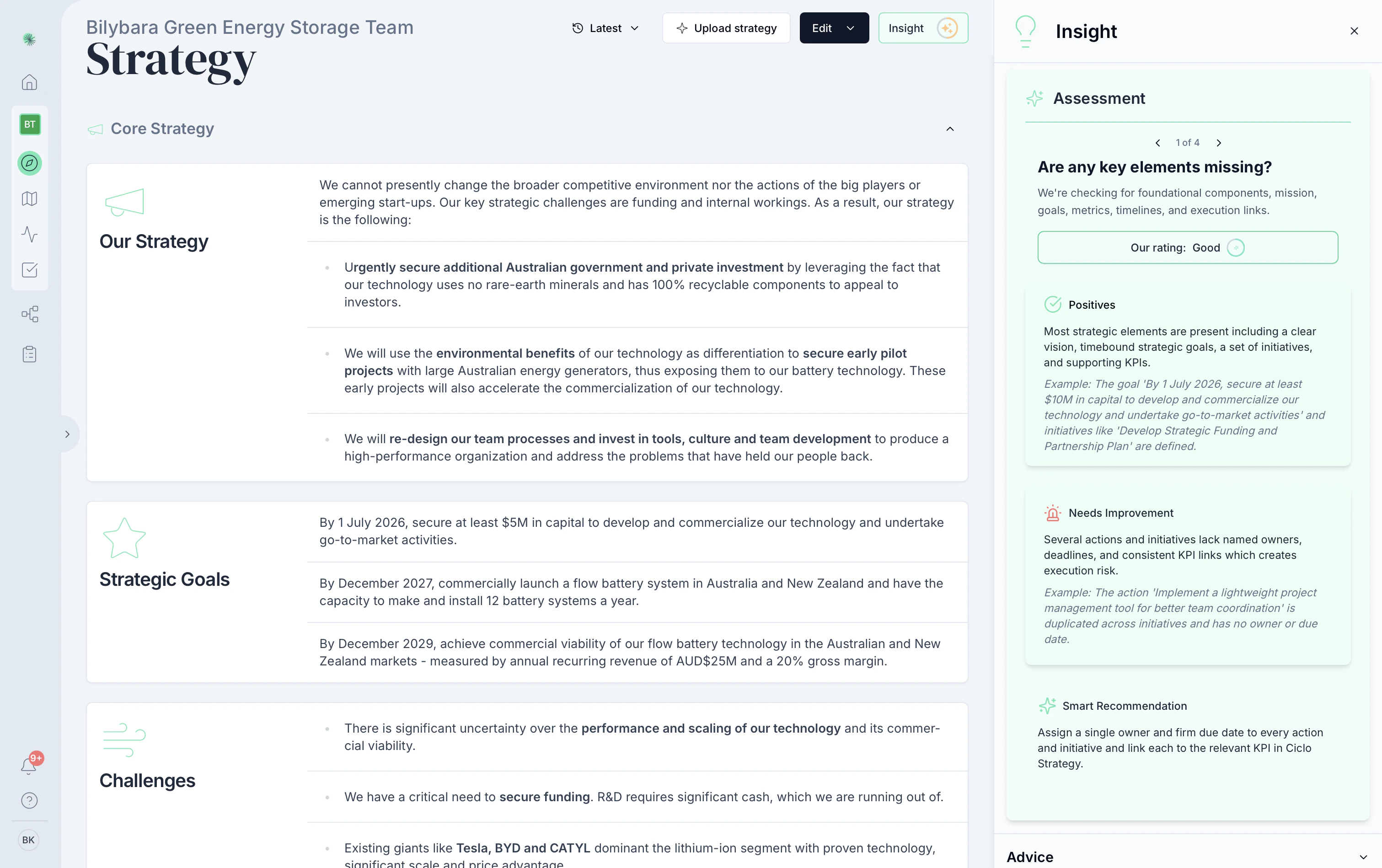 The AI insight panel open on the Strategy page