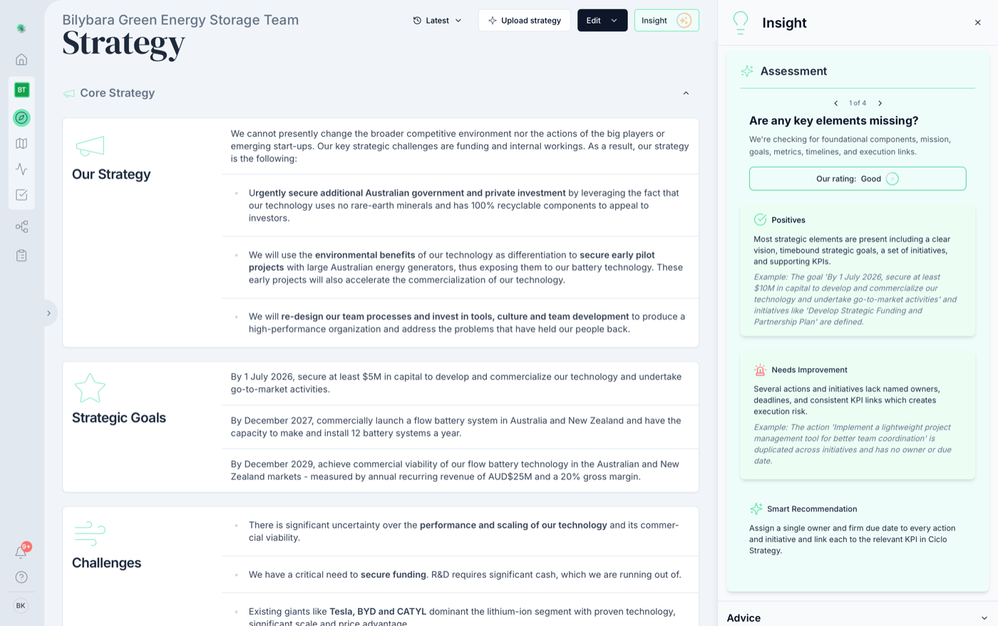 The AI insight panel open on the Strategy page