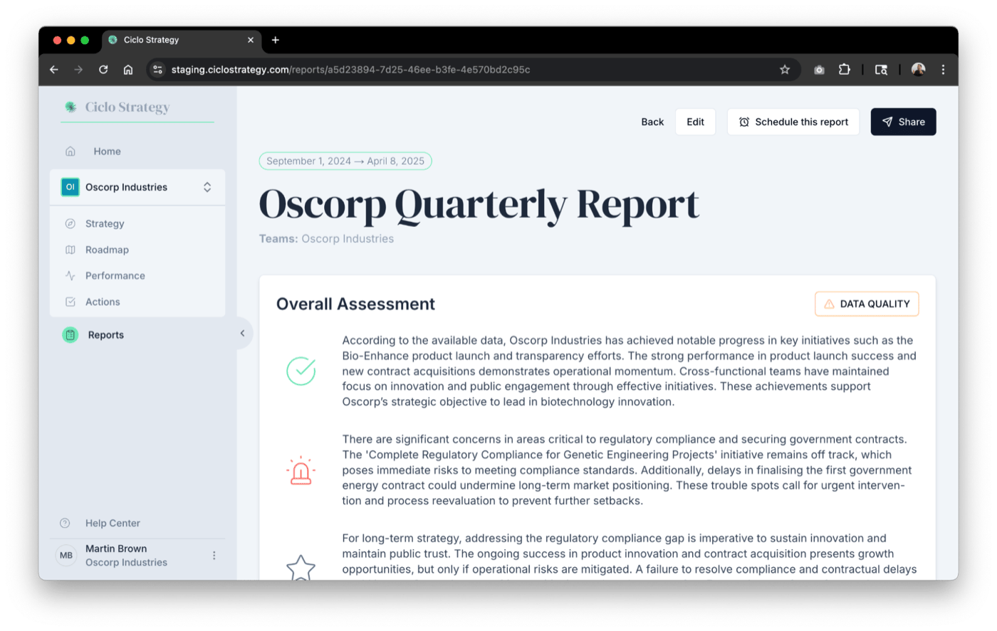 A generated report open in Ciclo, showing its overall assessment