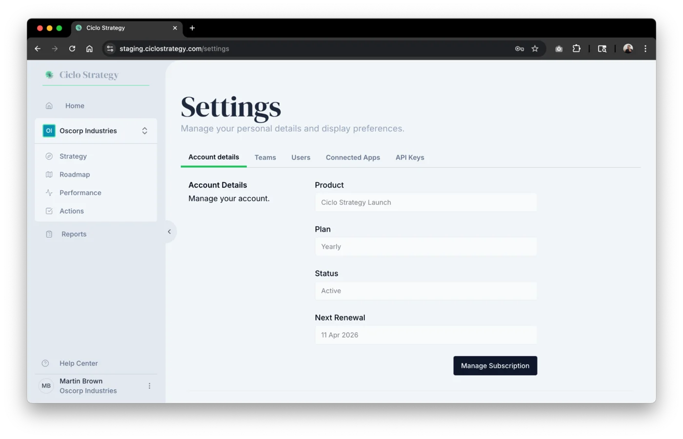 The Account Details tab in Settings