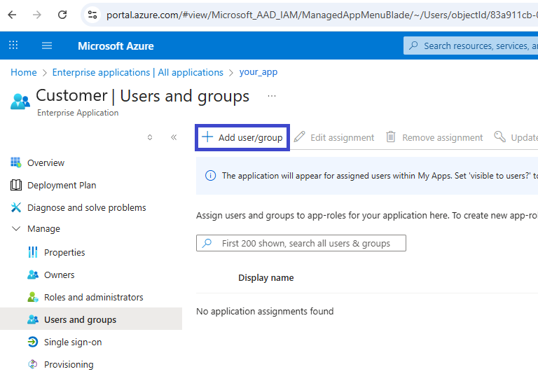 The Users and groups page of the application, with the Add user/group button highlighted