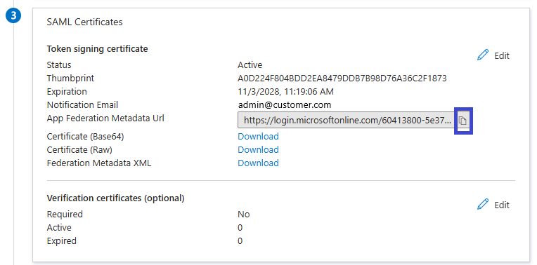 The SAML Certificates section, with the copy button next to App Federation Metadata Url highlighted