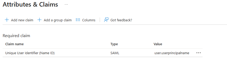 The Attributes & Claims page, listing the required Unique User Identifier (Name ID) claim with the value user.userprincipalname