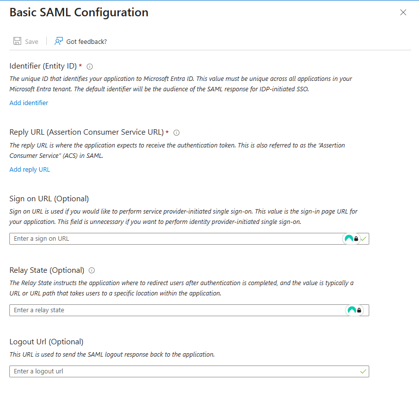 The Basic SAML Configuration panel, with Add identifier and Add reply URL links and empty optional fields